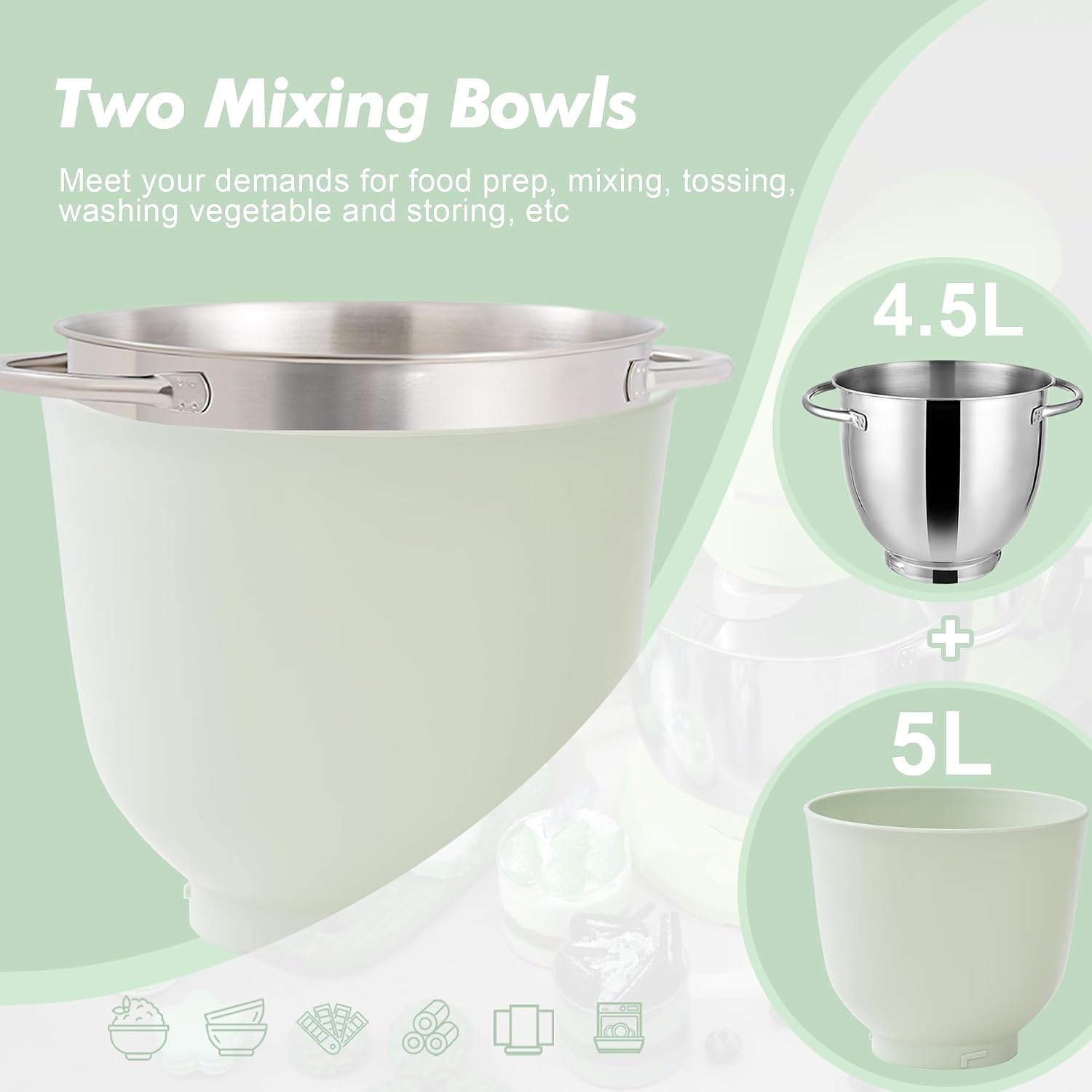 Detalle 2 de Kitchen in the box stand mixer (4.5L + 5L) with 10 speeds, dough hook, whisk & beater, 1300W, two-bowl design – light green
