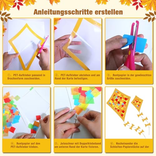 Detalle 2 de Herbstbasteln für Kinder – HILKKET Herbst Fensterbilder Bastelset mit 12 Papierdrachen (6 groß, 6 klein) + Tonkarton & Transparentpapier