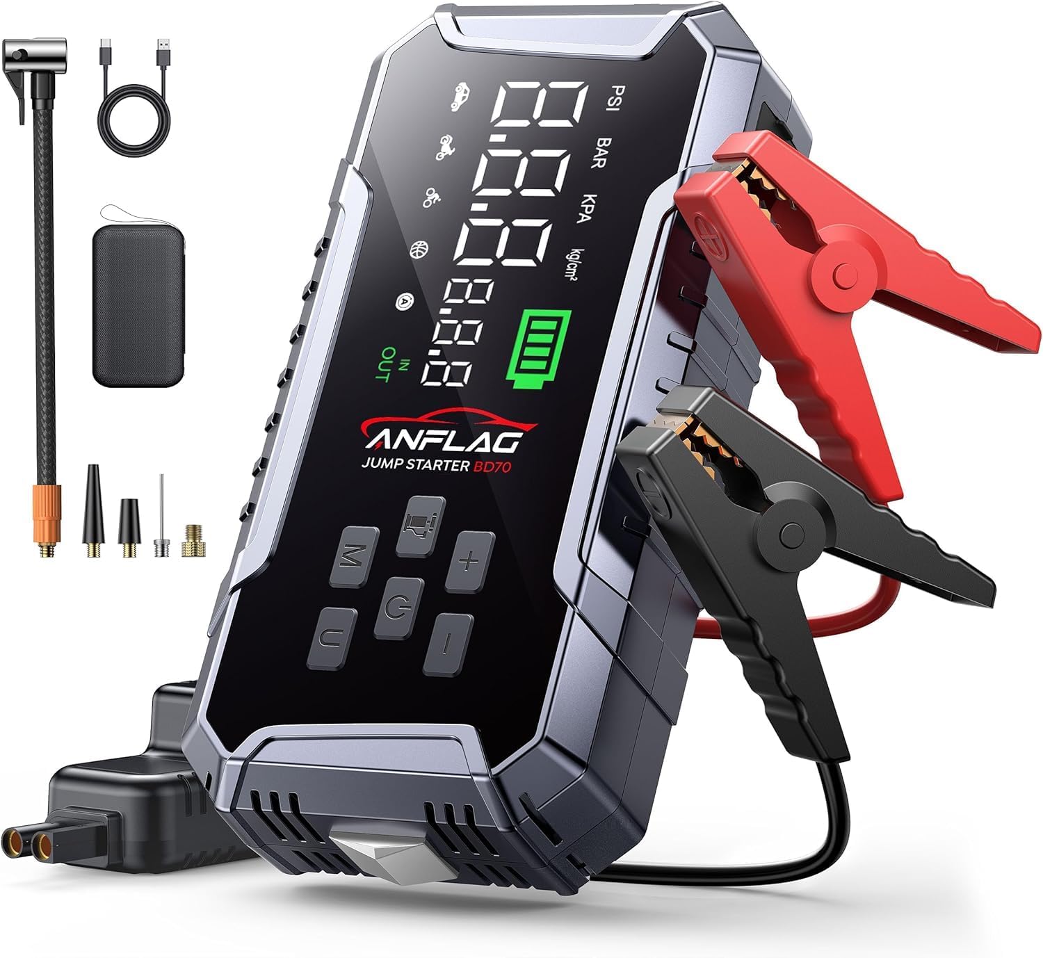 Detalle de ANFLAG Booster Avviamento Auto 8000A con Compressore 160 PSI, 26800 mAh e USB-C (600 lm)
