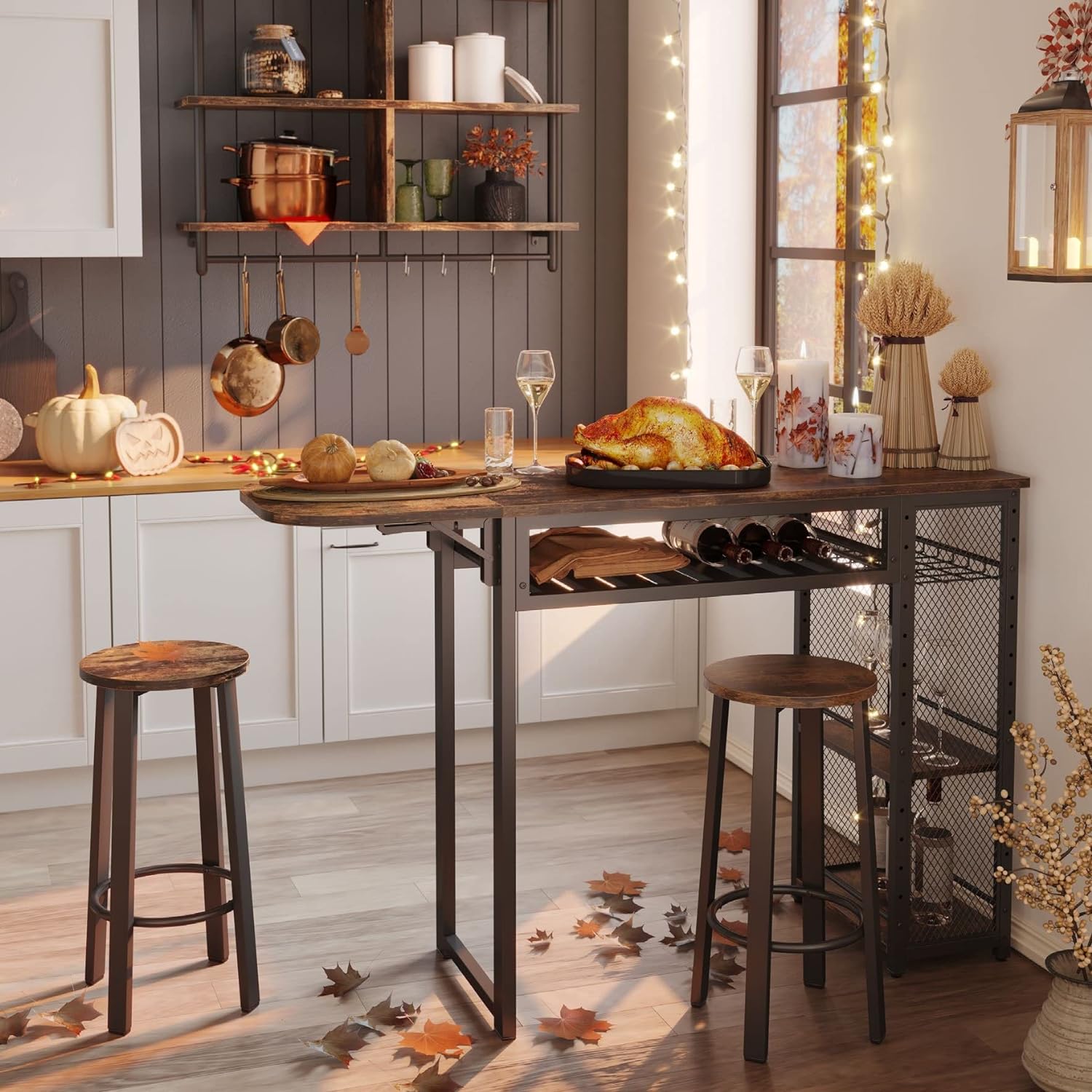 Detalle 2 de Bestier Expandable Bar Table and 2-Stool Set with Wine Rack and Adjustable Shelves
