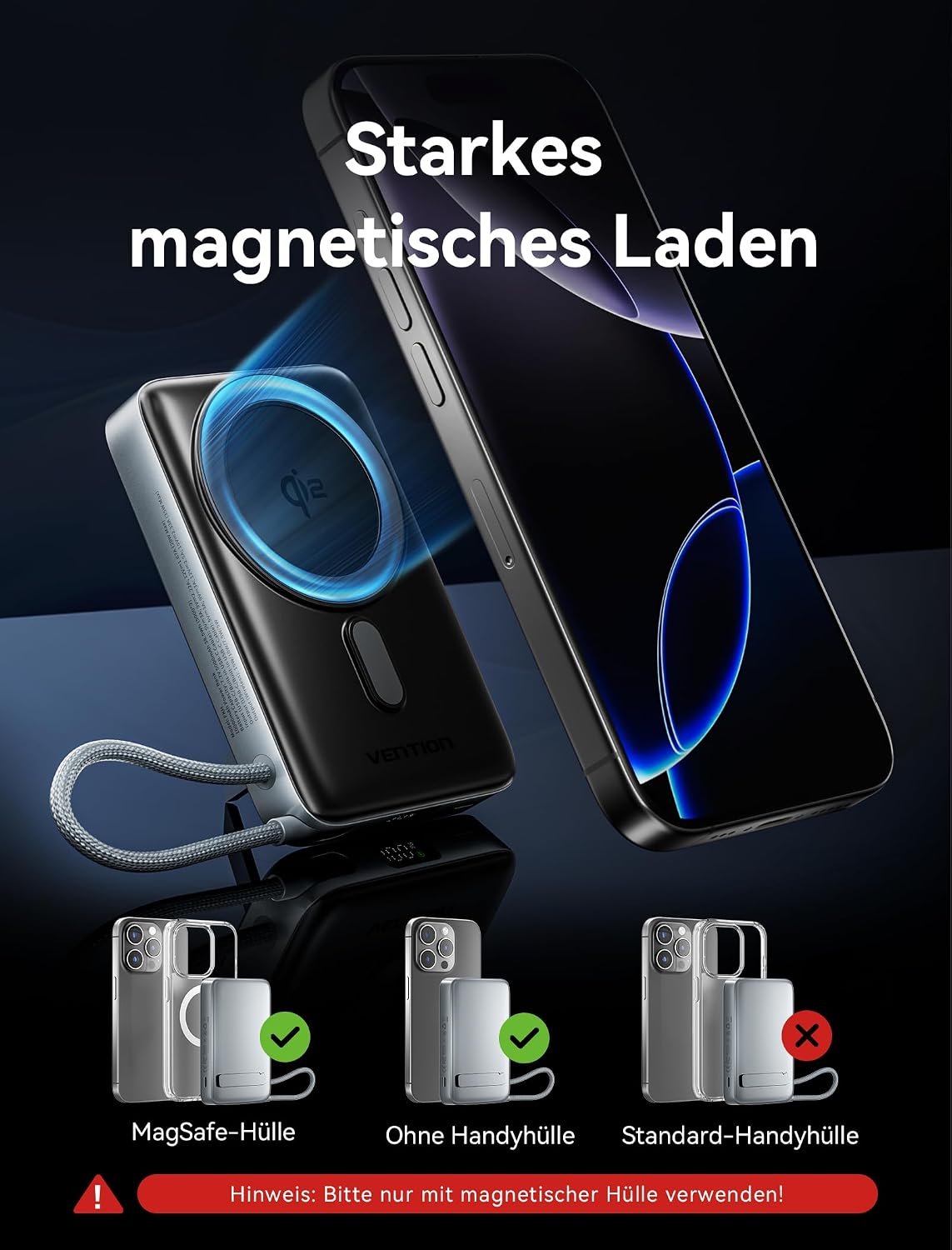 Detalle 2 de VENTION Powerbank MagSafe 10000mAh Qi2 15W con USB-C PD 35W: ricarica magnetica, display LED e cavo integrato