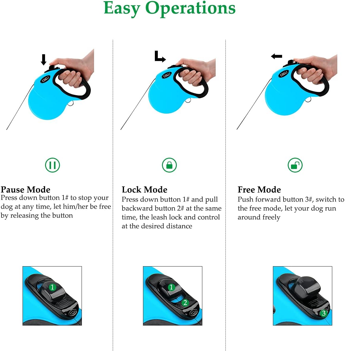 Detalle de ETACCU Retractable Dog Lead 16.4ft – Extendable, Tangle-Free, 1-Handed Brake, Reflective for Small Dogs (≤44 Lbs) – Blue
