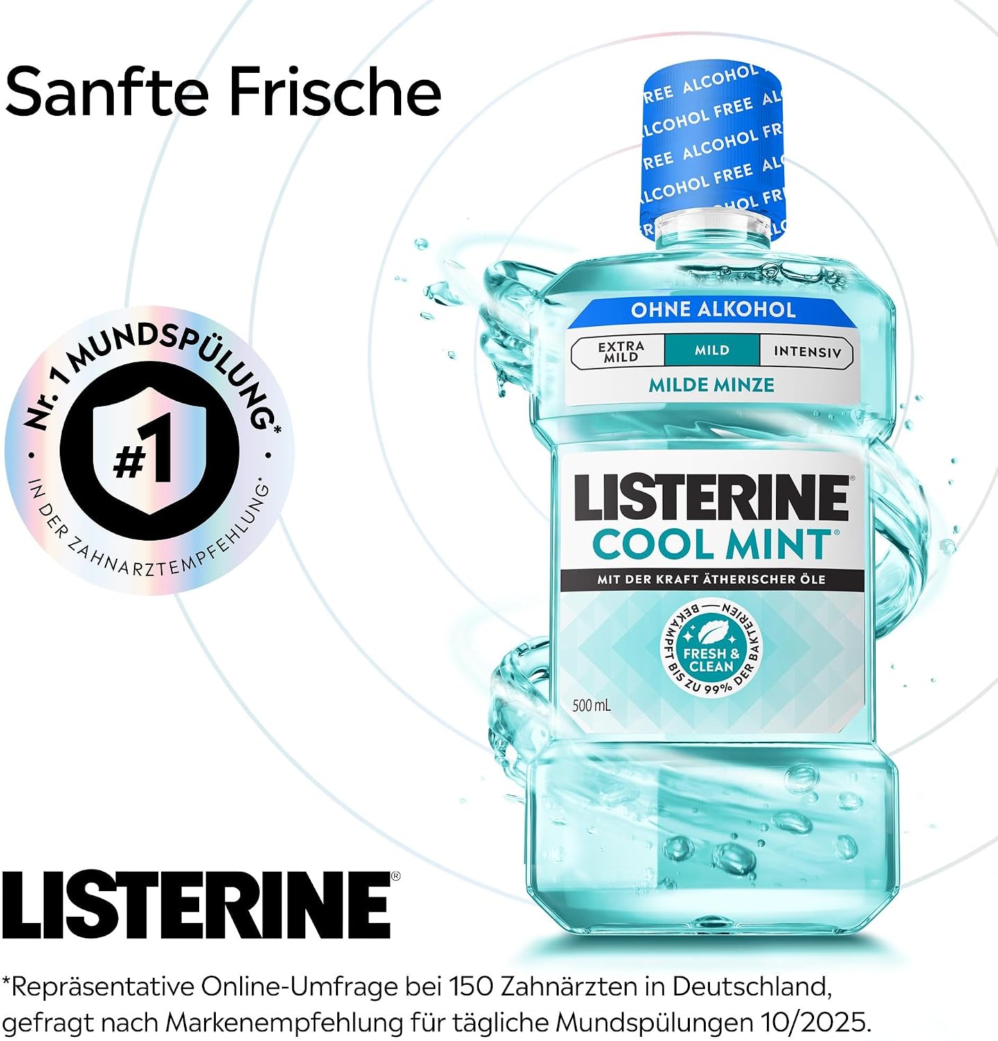 Detalle 2 de LISTERINE Cool Mint Mild 6 x 500 ml antibakterielle alkoholfreie Mundspülung