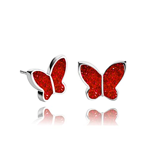 Detalle de Pendientes Aretes Lujo Pequeño – Mariposa Brillo Rojo Plata (Estilo 29) de Dragon Porter