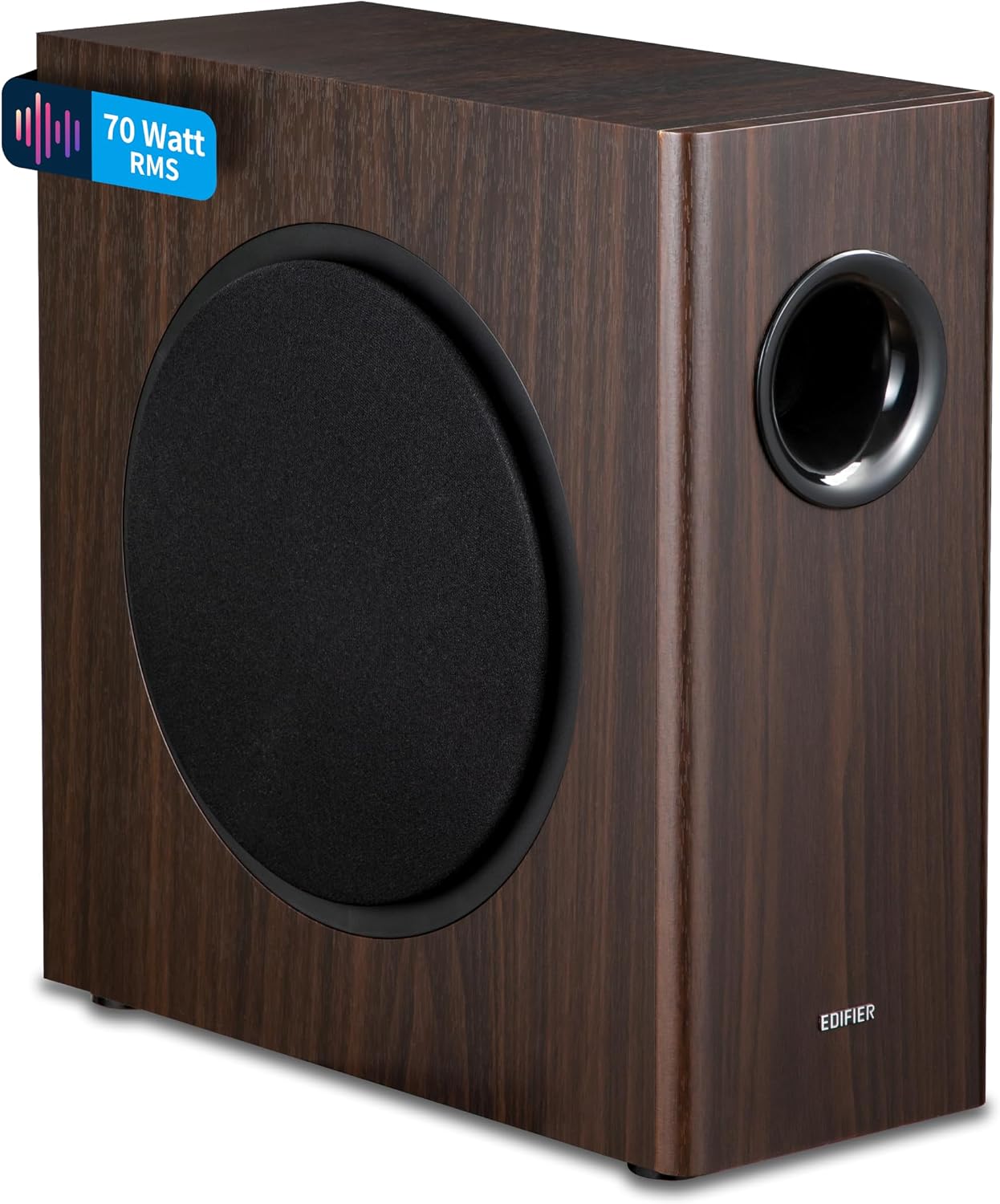 Detalle de Edifier T5s Aktiv-Subwoofer mit 8‑Zoll‑Tieftöner, 70 Watt RMS und Low‑Pass‑Filter bis 35 Hz