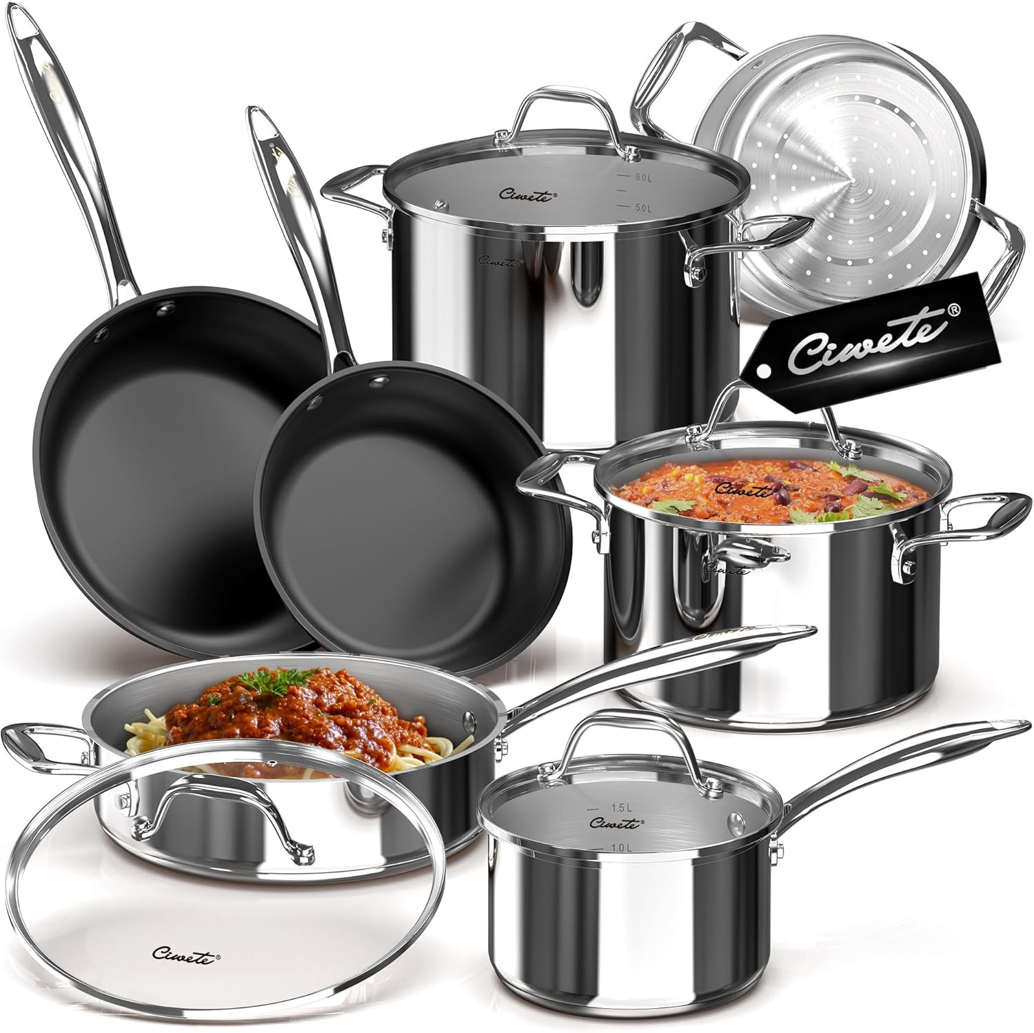Thumbnail 6 de Ciwete 11-Piece Tri-Ply Stainless Steel Cookware Set with Steamer Insert
