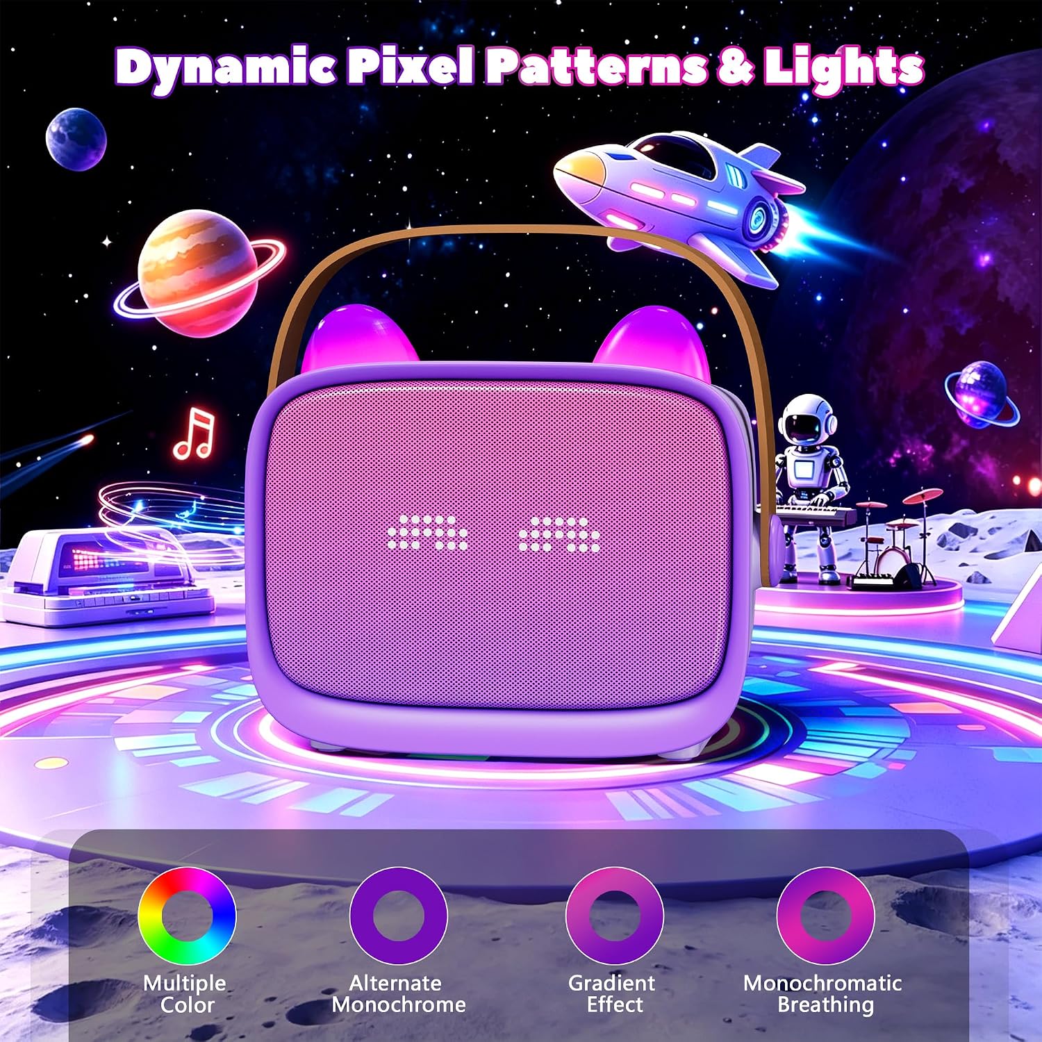 Detalle 2 de Mini Karaoke Machine for Kids, Portable Bluetooth Speaker with 2 Wireless Microphones (Purple)