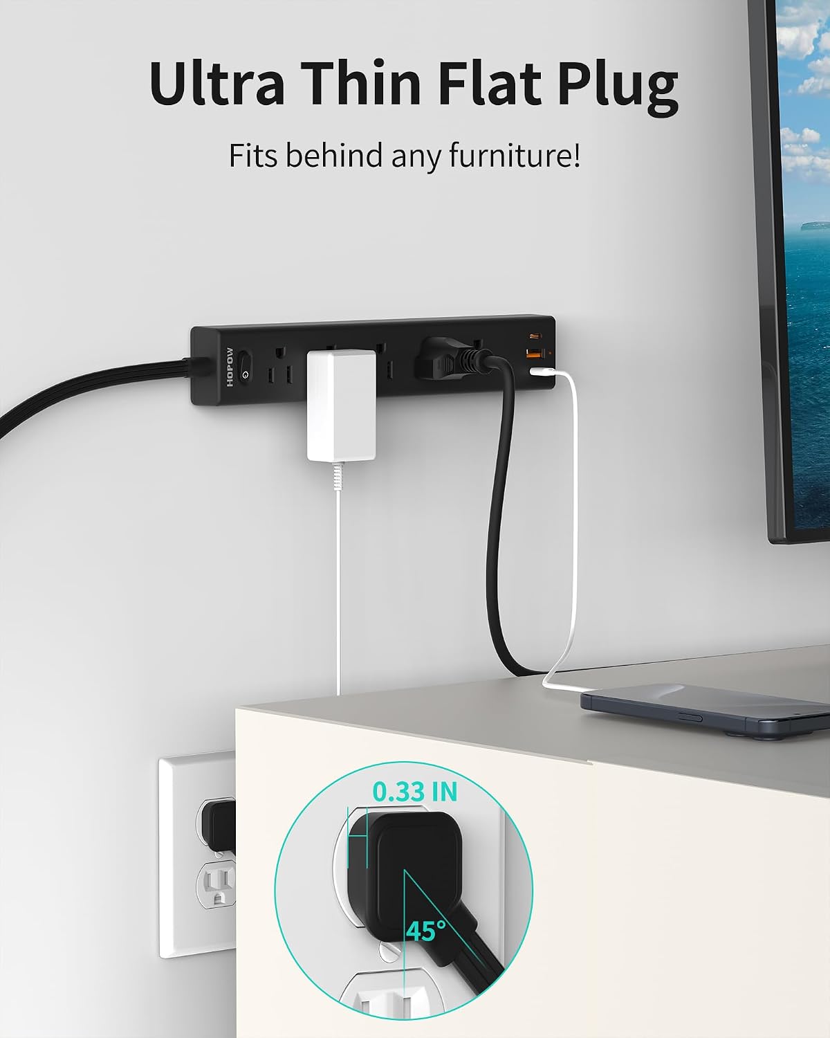 Thumbnail 3 de HOPOW Flat Plug Power Strip 1700J with 5 Outlets & 3 USB