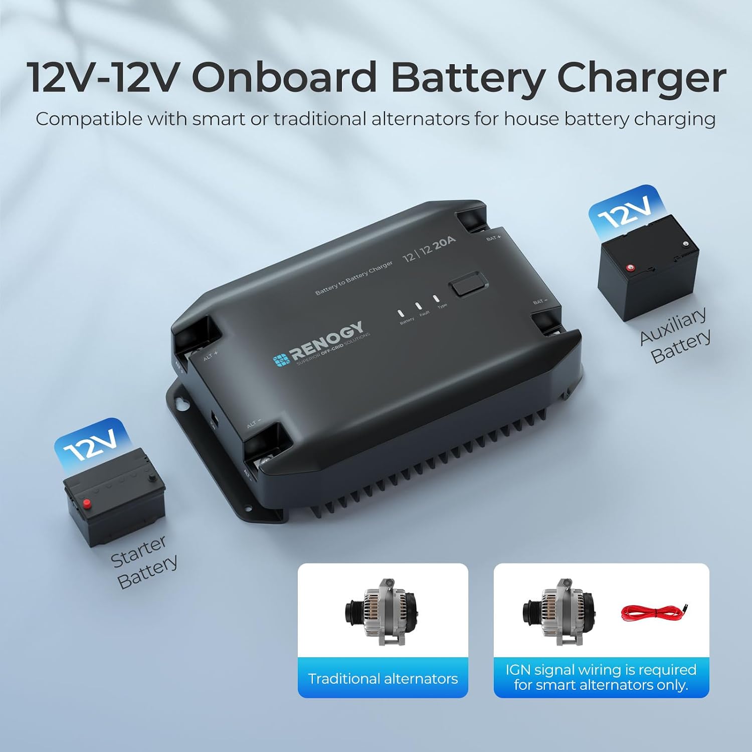 Detalle de Renogy 12V DC to DC Battery Charger 20A – intelligent converter with alternator detection & Bluetooth control