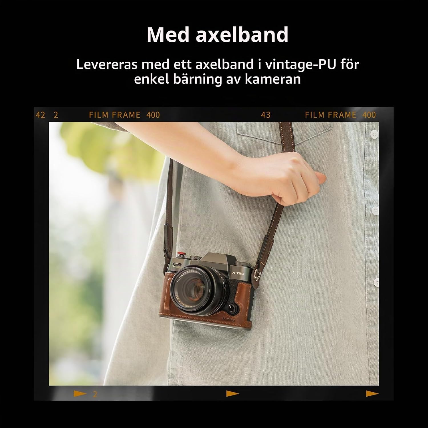 Detalle de SMALLRIG 4710 halvfodral för FUJIFILM X-T50 i brunt läder med axelrem