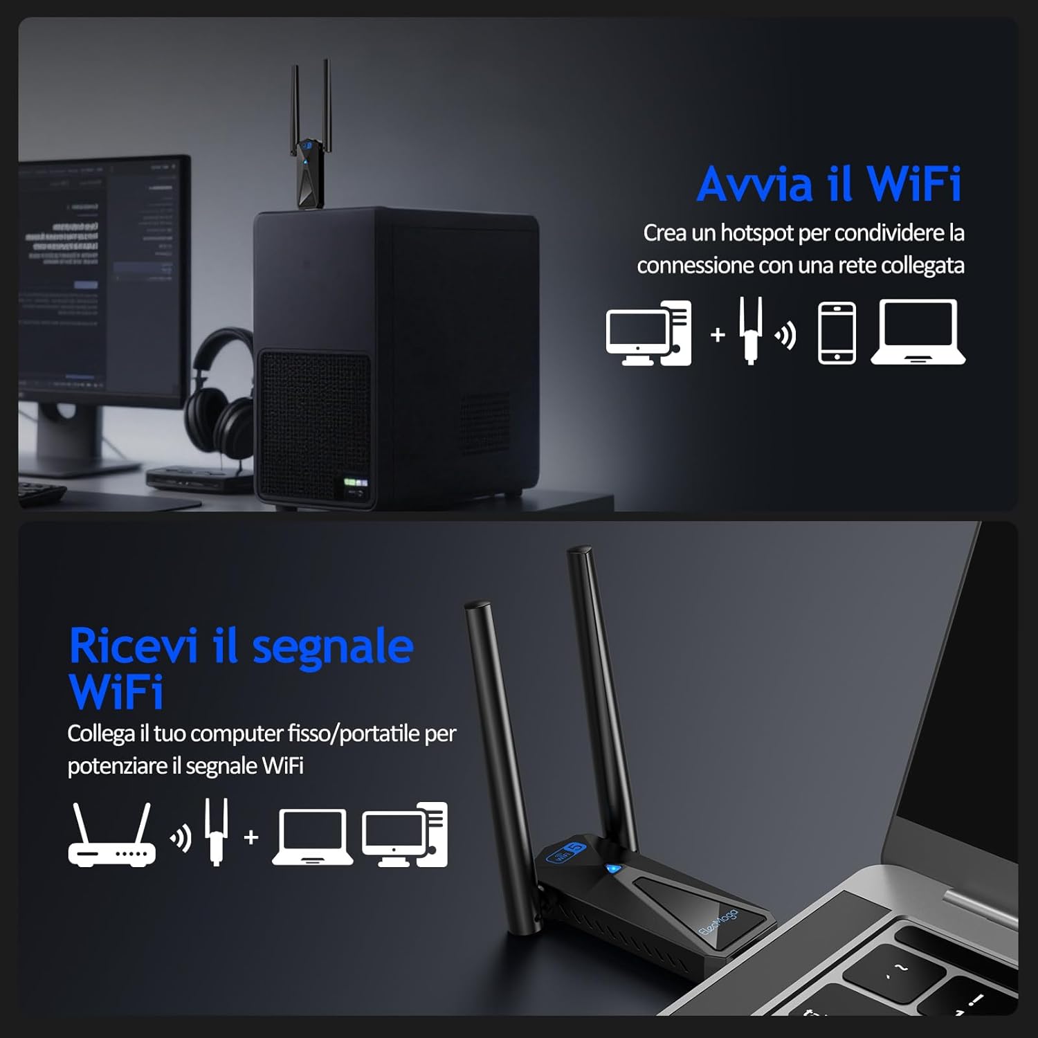 Thumbnail 4 de ElecMoga Chiavetta WiFi AC1300 USB 5dBi per PC e laptop 📶