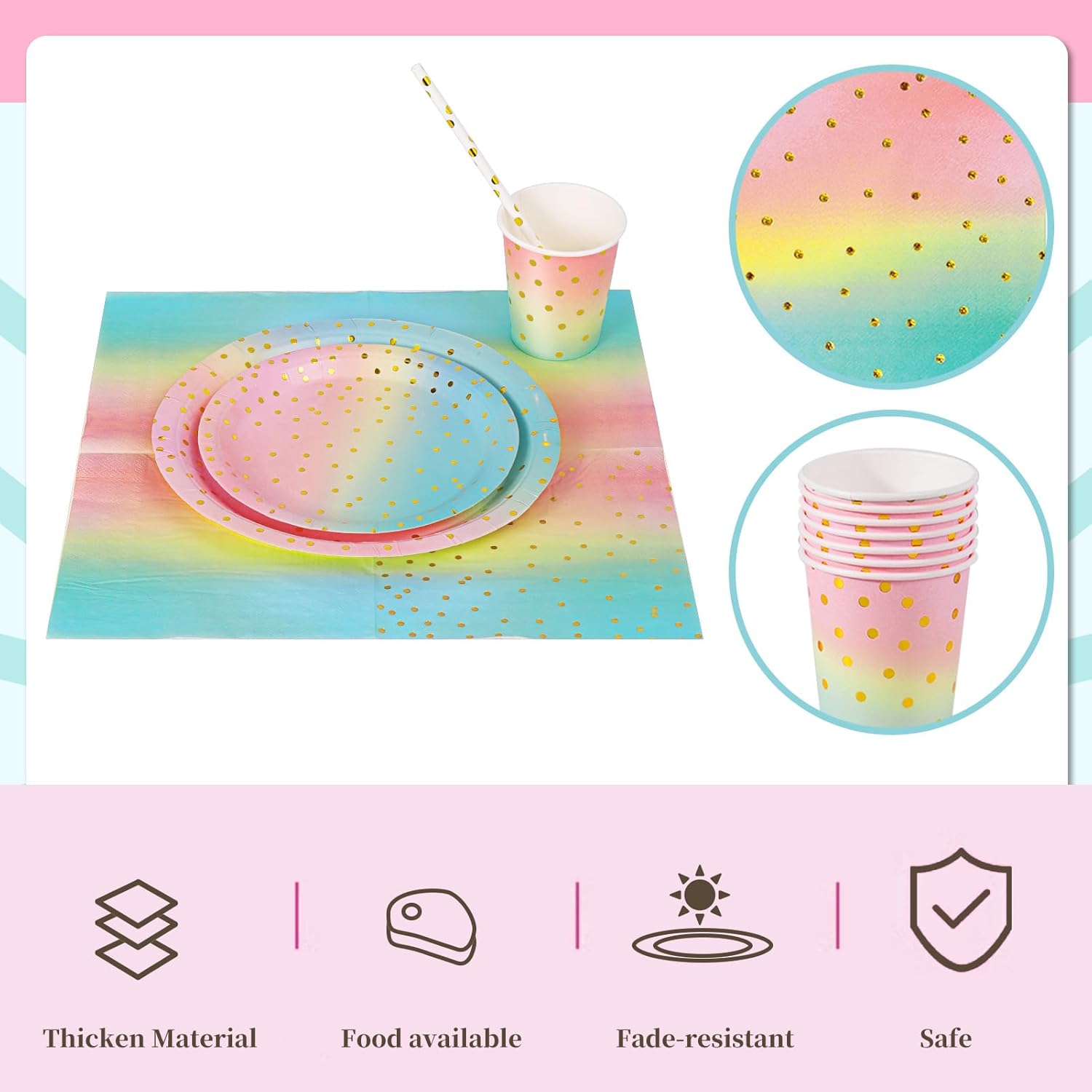 Thumbnail 3 de Nkaiso Partygeschirr-Set Regenbogen, 120-teilig (bis zu 24 Gäste) – Papier-Partygeschirr für Kindergeburtstag & Feiern