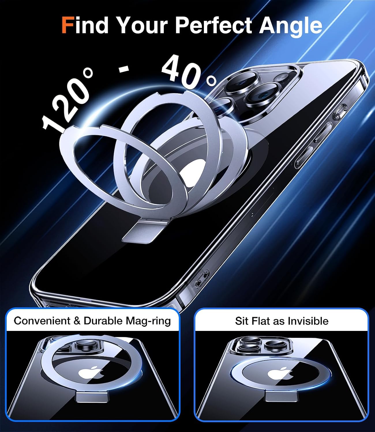 Detalle de Chicfun 3-in-1 Magnetic Phone Case for iPhone 15 Pro Max (MagSafe) with KickStand & Ring Holder — Clear