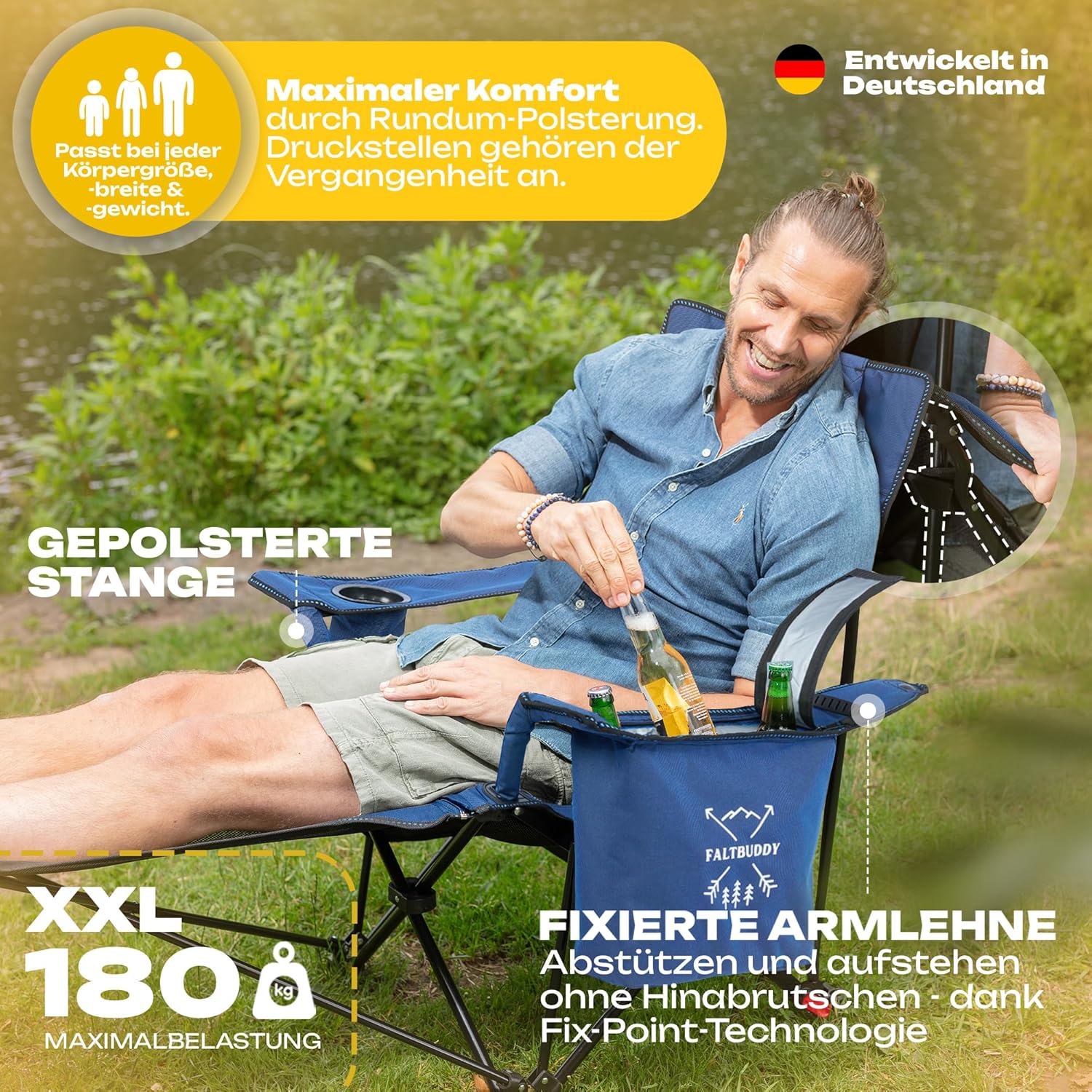 Thumbnail 4 de Faltbuddy Campingstuhl faltbar & Liegestuhl klappbar 2in1 – XXL Kühltasche, blau, bis 180 kg