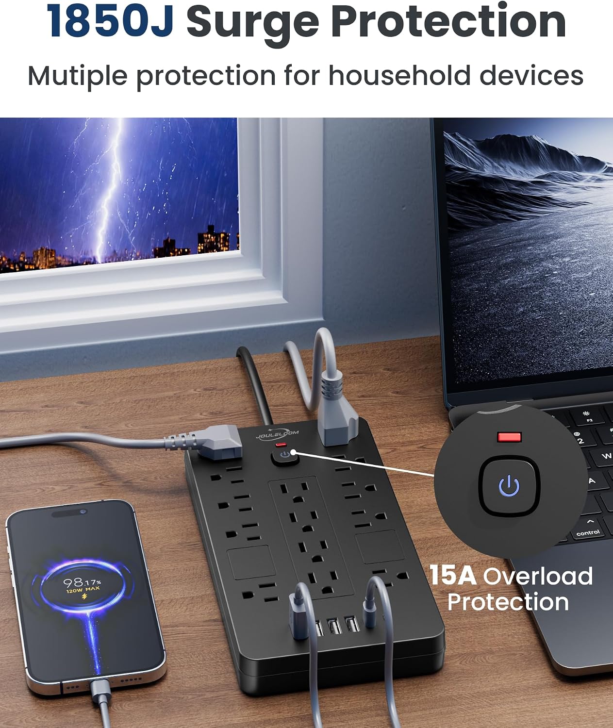 Detalle de JouleLoom TT-US814 Power Strip, 14 AC Outlets, 6 USB Ports, 6-ft Cord