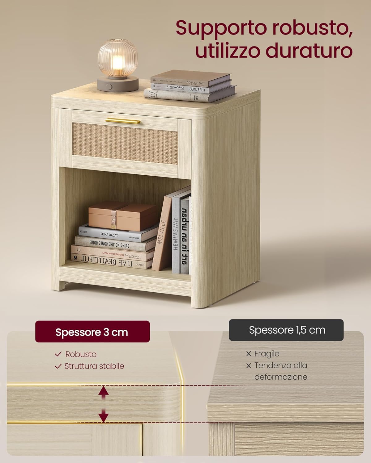 Detalle 2 de VASAGLE ELLAN Collezione – Comodini Boho con Cassett o in Effetto Rattan, Set da 2, Beige Naturale LET818LC01