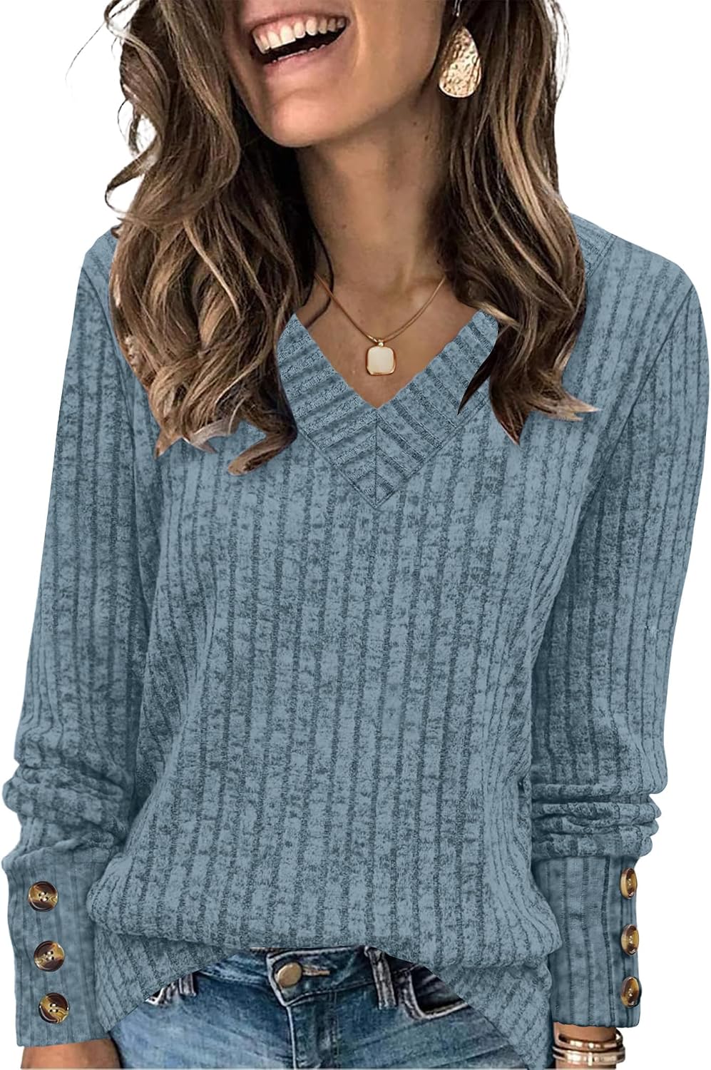 Detalle de WIHOLL Women’s V-Neck Long Sleeve Jumper Top with Button Cuffs (Lightweight Sweatshirt)