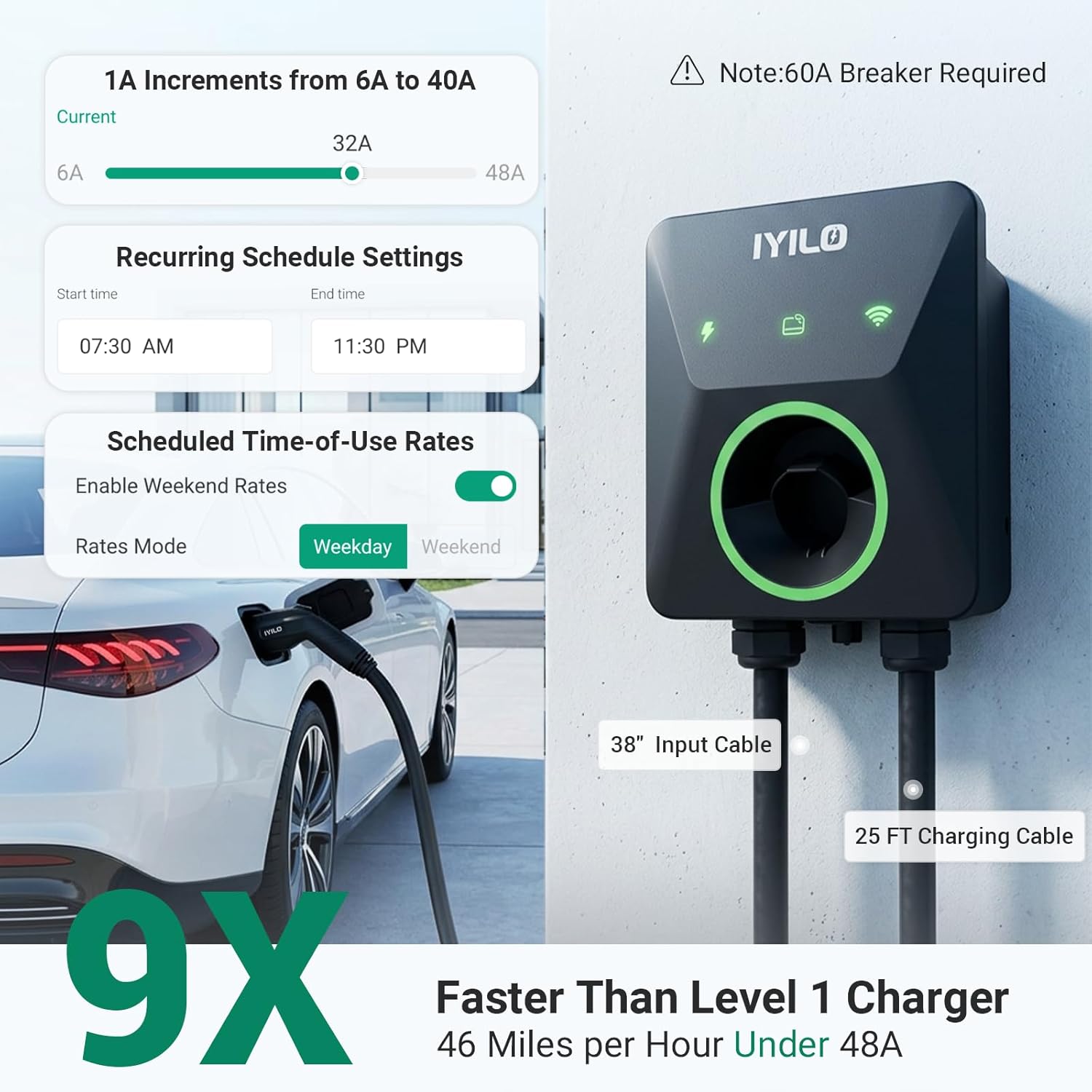 Thumbnail 1 de IYILO Level 2 EV Charger: 48A/11.5kW Wall Charger with Smart App and Dual Temp Sensors
