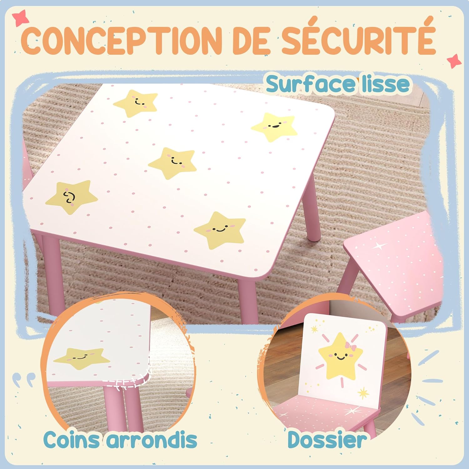 Detalle de AIYAPLAY Table enfant avec 2 chaises en bois (ensemble 3 pièces) motifs d’étoiles, rose, 3 à 8 ans