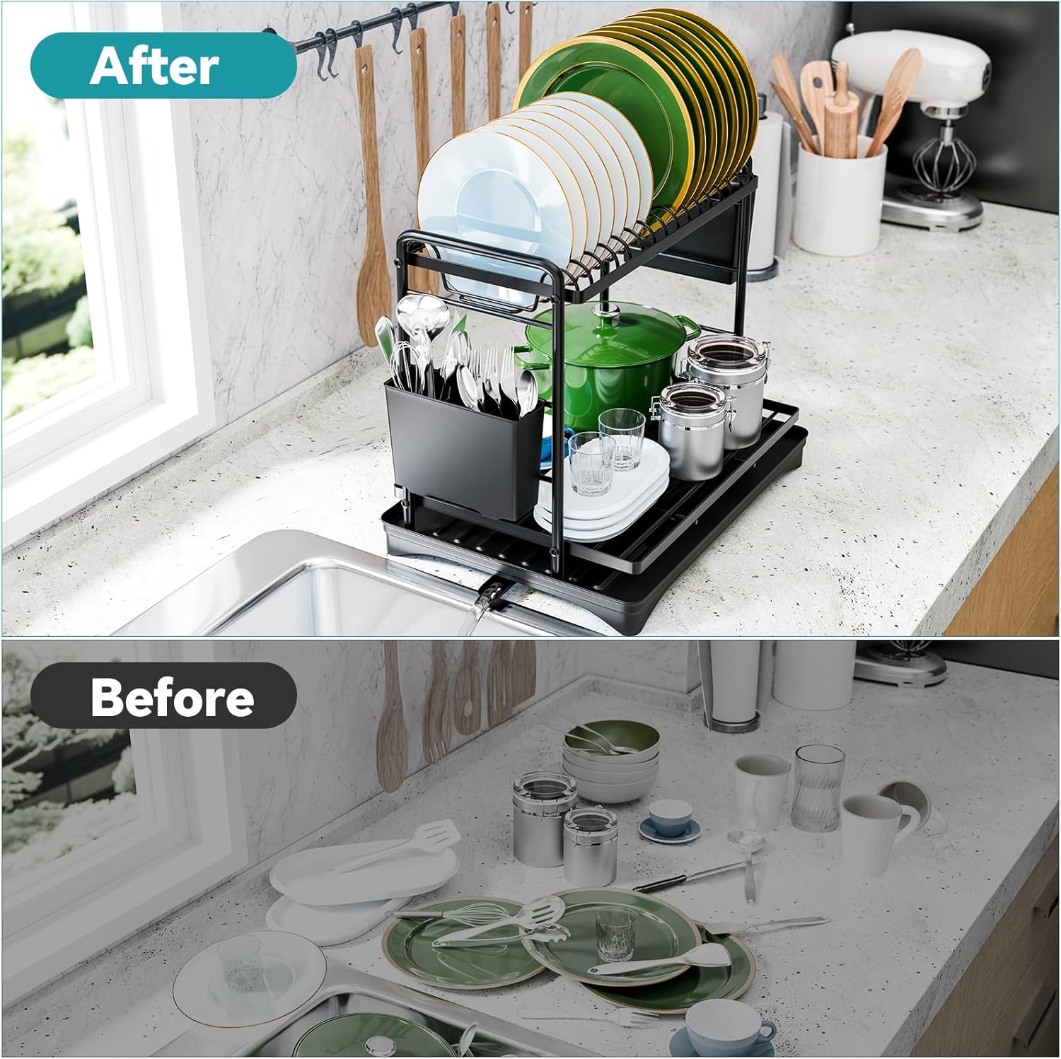 Detalle de Simple Trending 2-Tier Dish Drying Rack – Large Capacity Kitchen Counter Organizer