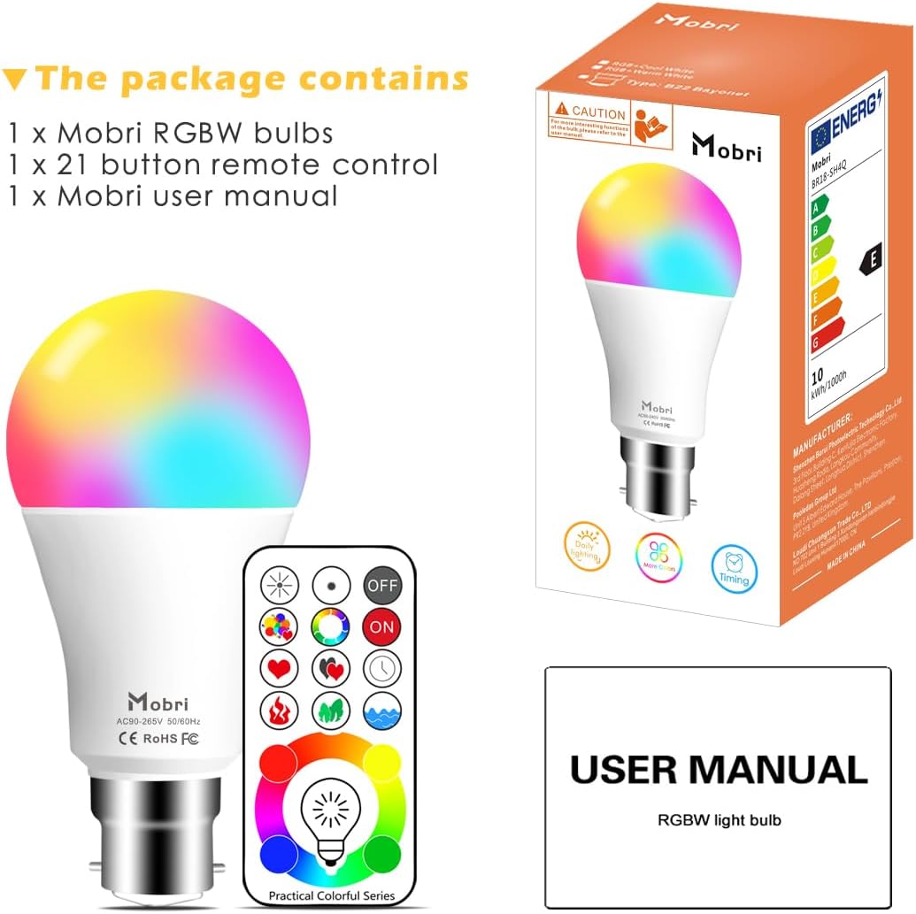 Thumbnail 4 de Mobri B22 LED Colour Changing Light Bulbs with Remote Control (75W Equivalent) – Bayonet, Dimmable, 120 RGB Colours + Daylight White