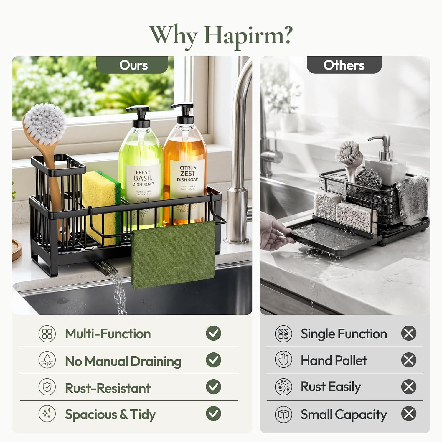 Detalle 2 de HapiRm ZWJ142-B Stainless Steel Sink Caddy with Rotating Drainage
