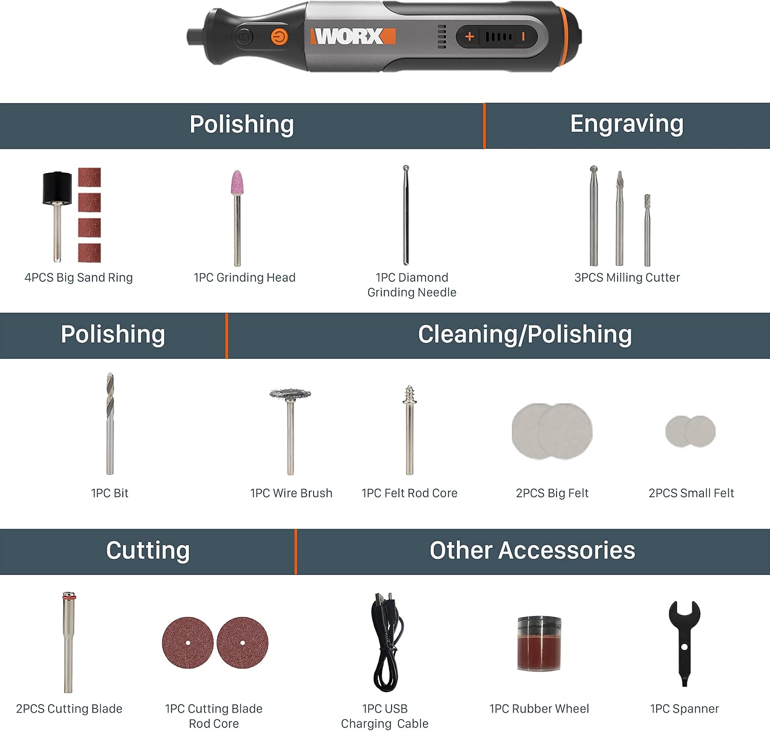 Detalle 2 de WORX 8V Utensile Rotativo Cordless WX106 con 23 accessori, controllo velocità e pinza 3,2 mm