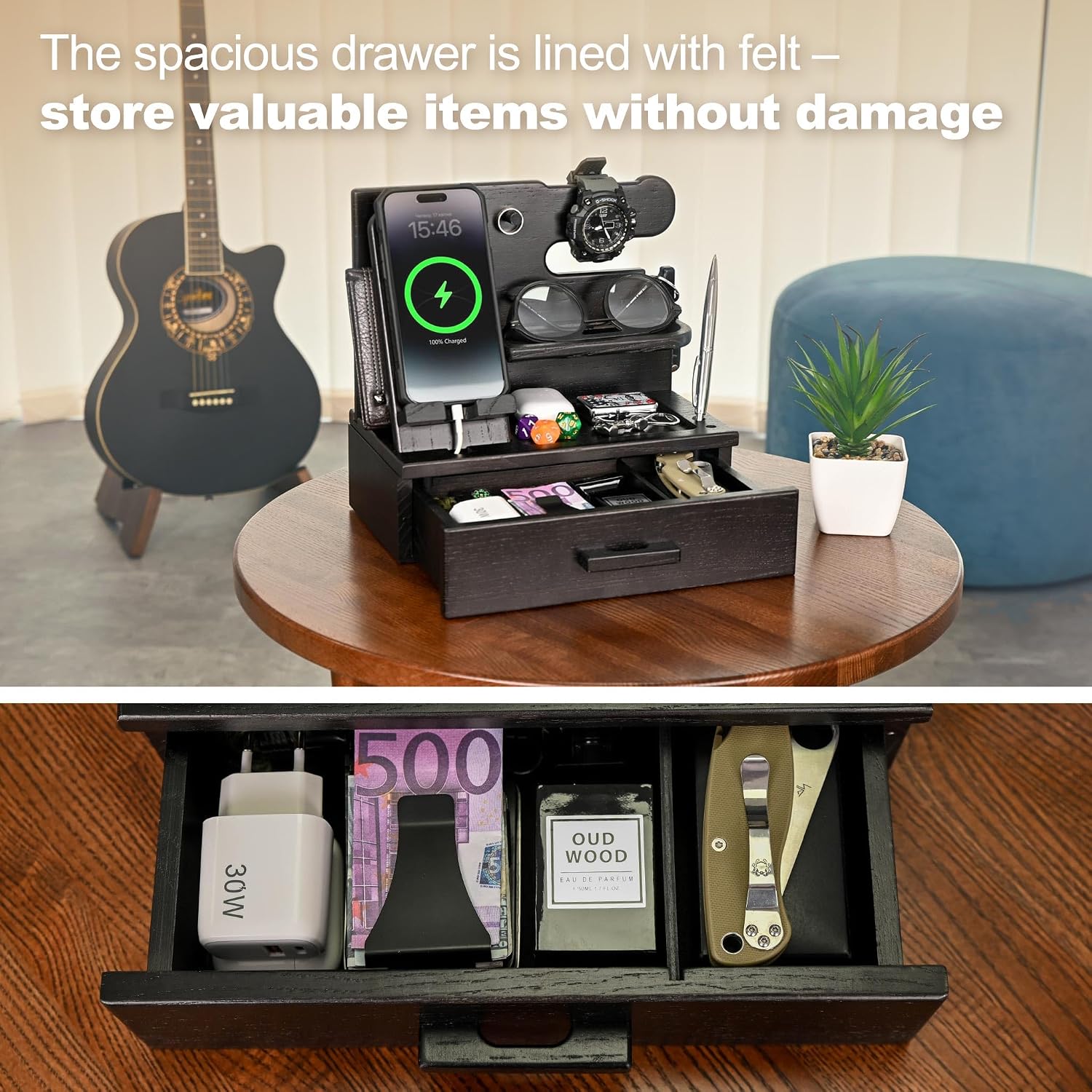 Detalle 2 de Teslyar Wood Phone Docking Station with Drawer (Solid Ash, Black) – Desk & Bedside organiser
