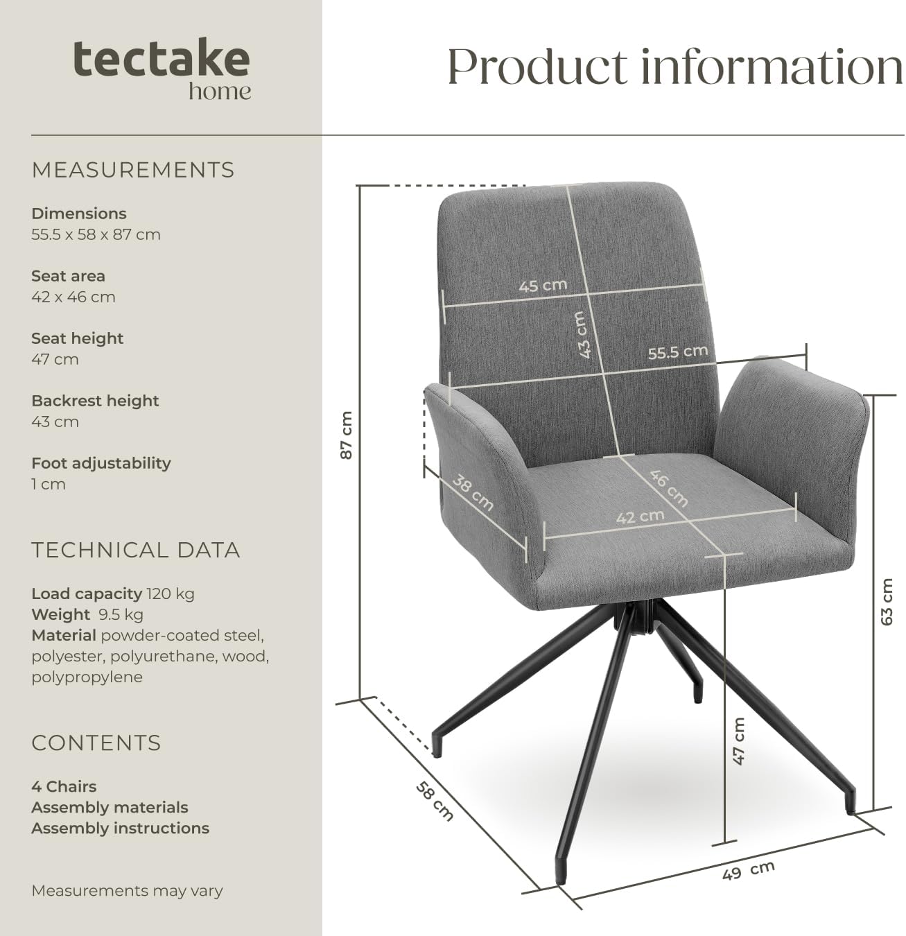 Detalle 2 de tectake 406192 snurrstolar, 4-pack med vadderad sits och 360° rotation
