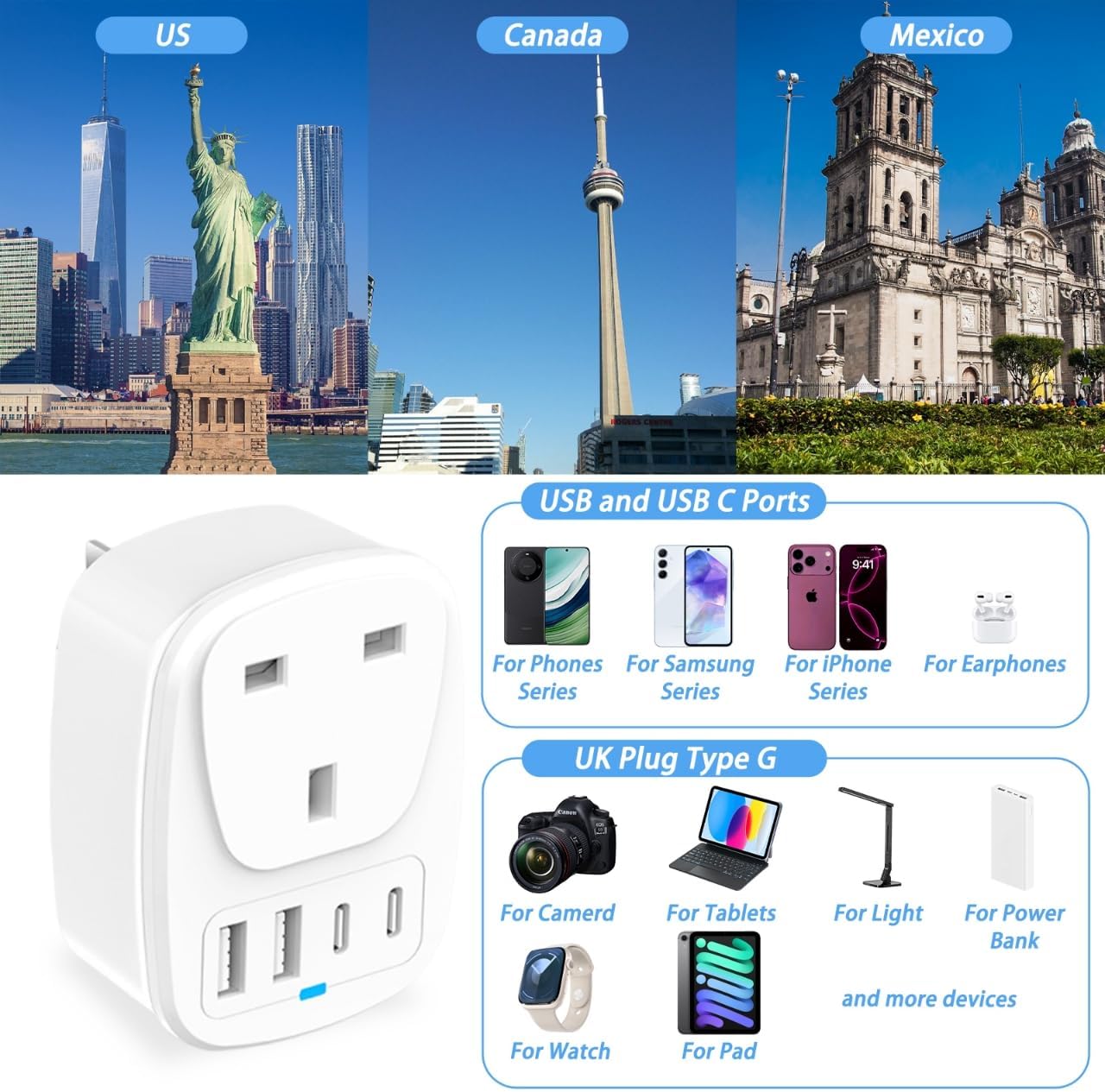 Thumbnail 4 de Hao Zhu UK to US Plug Adapter with 4 Ports and 20W PD – Travel Hub