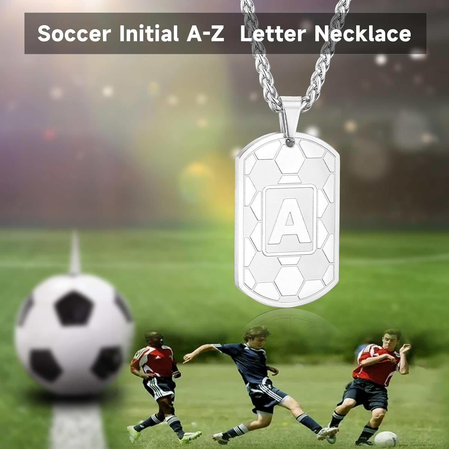 Detalle de Miss Chipmunk Fußball Buchstaben Halskette A–Z aus Edelstahl – personalisierbares Dog Tag Schmuckstück für Herren