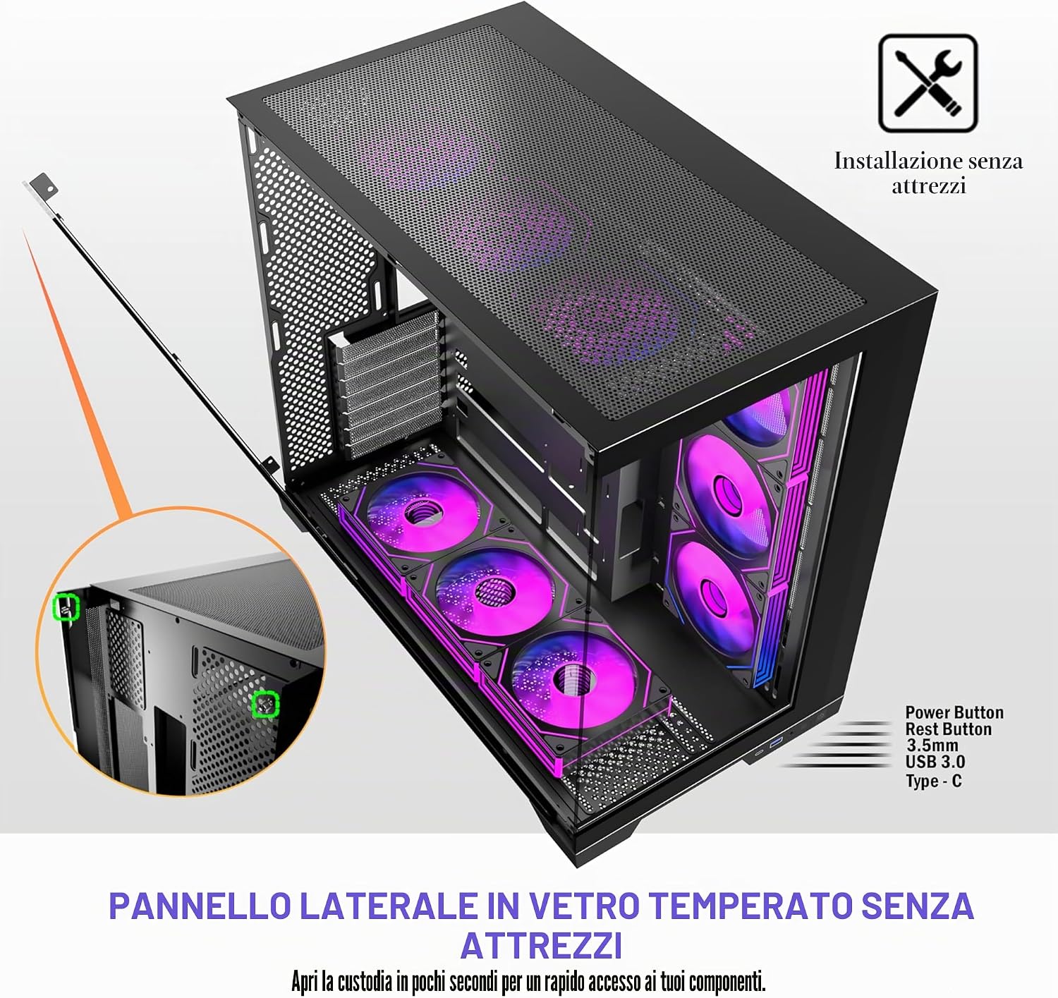 Detalle 2 de ANSAITE Case PC ATX con 9 ventole PWM ARGB preinstallate – Mid-Tower con vetro temperato e supporto radiatore 360 mm
