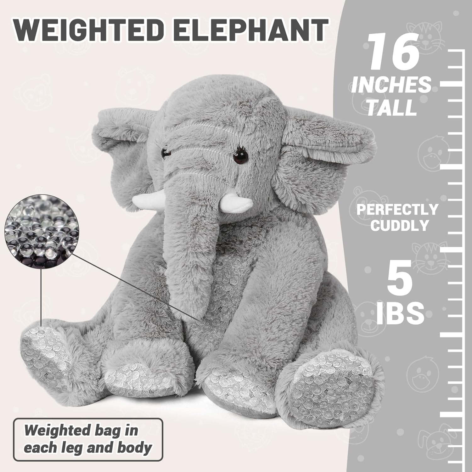 Thumbnail 1 de JellyMallow Elephant Weighted Stuffed Animal (5 lbs, 16 inches) Gray