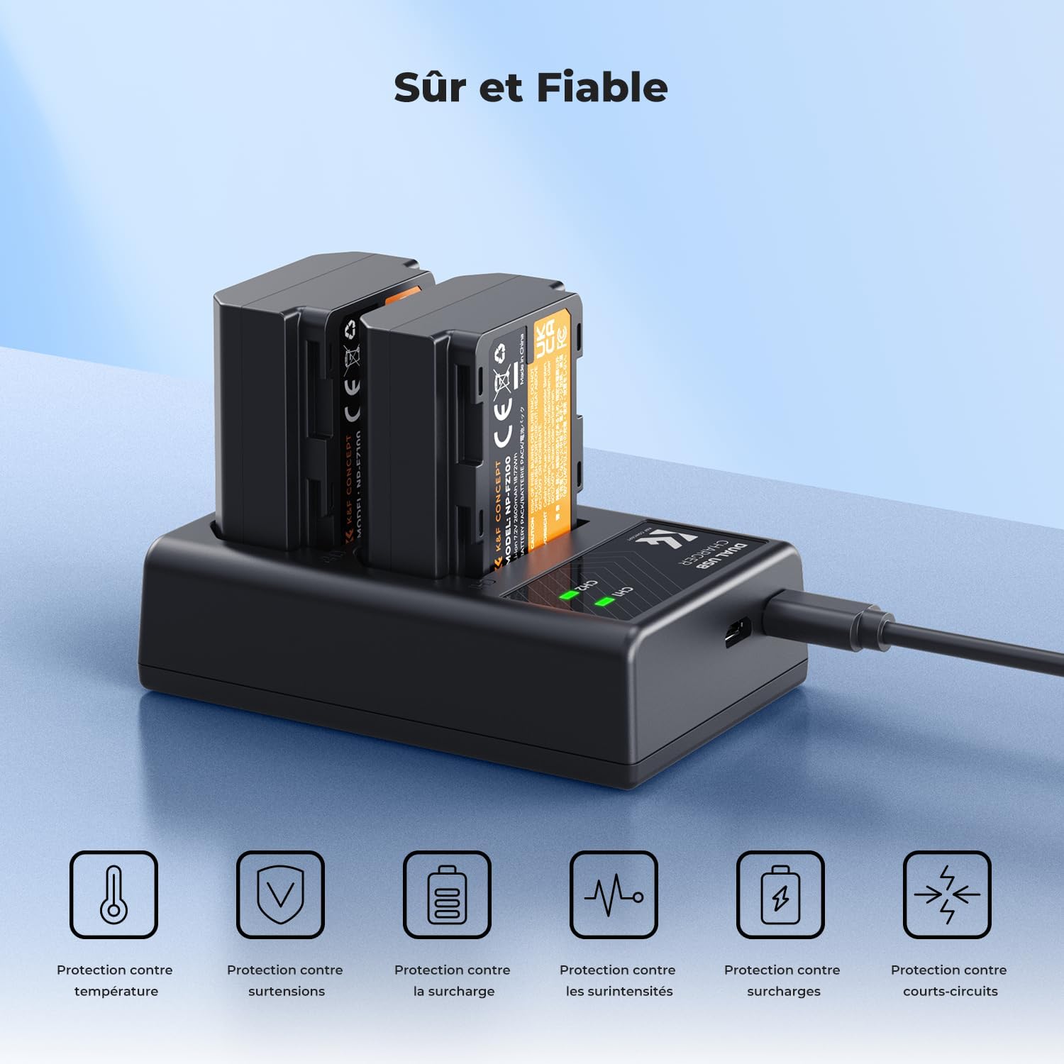 Thumbnail 5 de K&F CONCEPT Batterie NP-FZ100 avec chargeur à double fente (compat. Sony A7 III, A7 IV, A7C, ZV-E1, FX3, A9…)