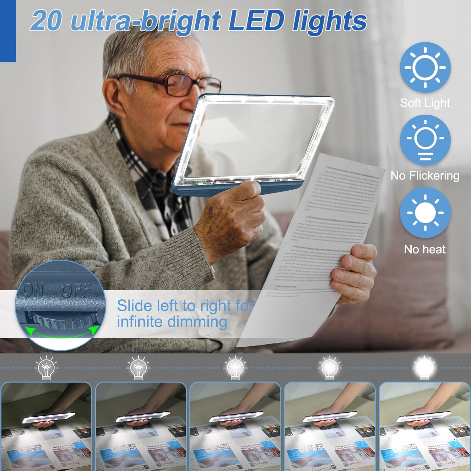 Thumbnail 1 de 5X Rechargeable Magnifying Glass for Reading with Dimmable LED Light