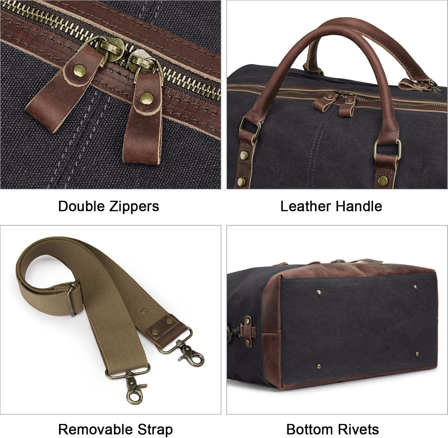 Detalle de S-ZONE Reisetasche 60L Vintage Canvas mit Crazy Horse Leder-Rand – Unisex Weekender