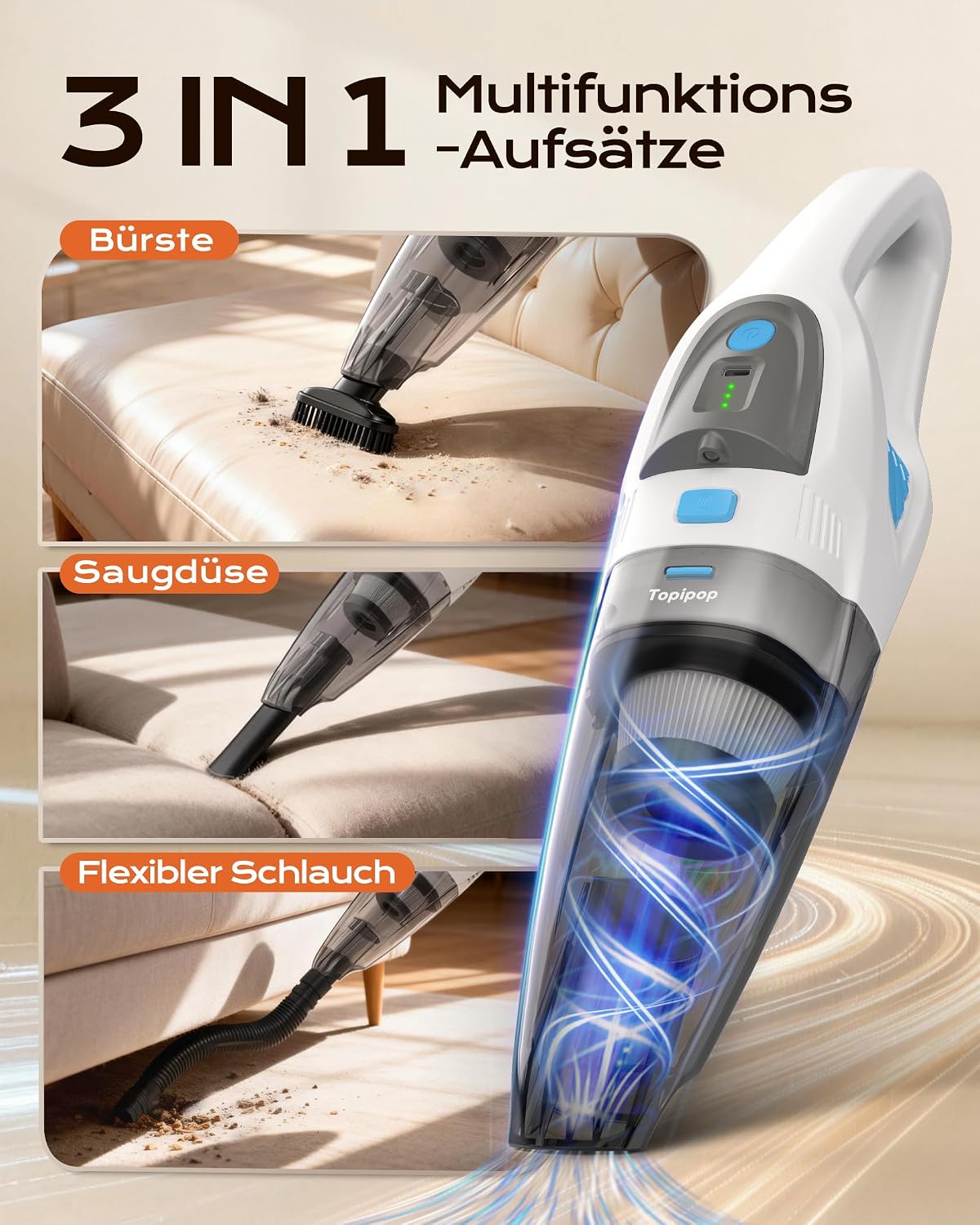Detalle 2 de Topipop Handstaubsauger 25000Pa – Akku mit Ladestation, 600 ml, HEPA-Filter, LED-Licht, 45 Min. Laufzeit (Weiß)