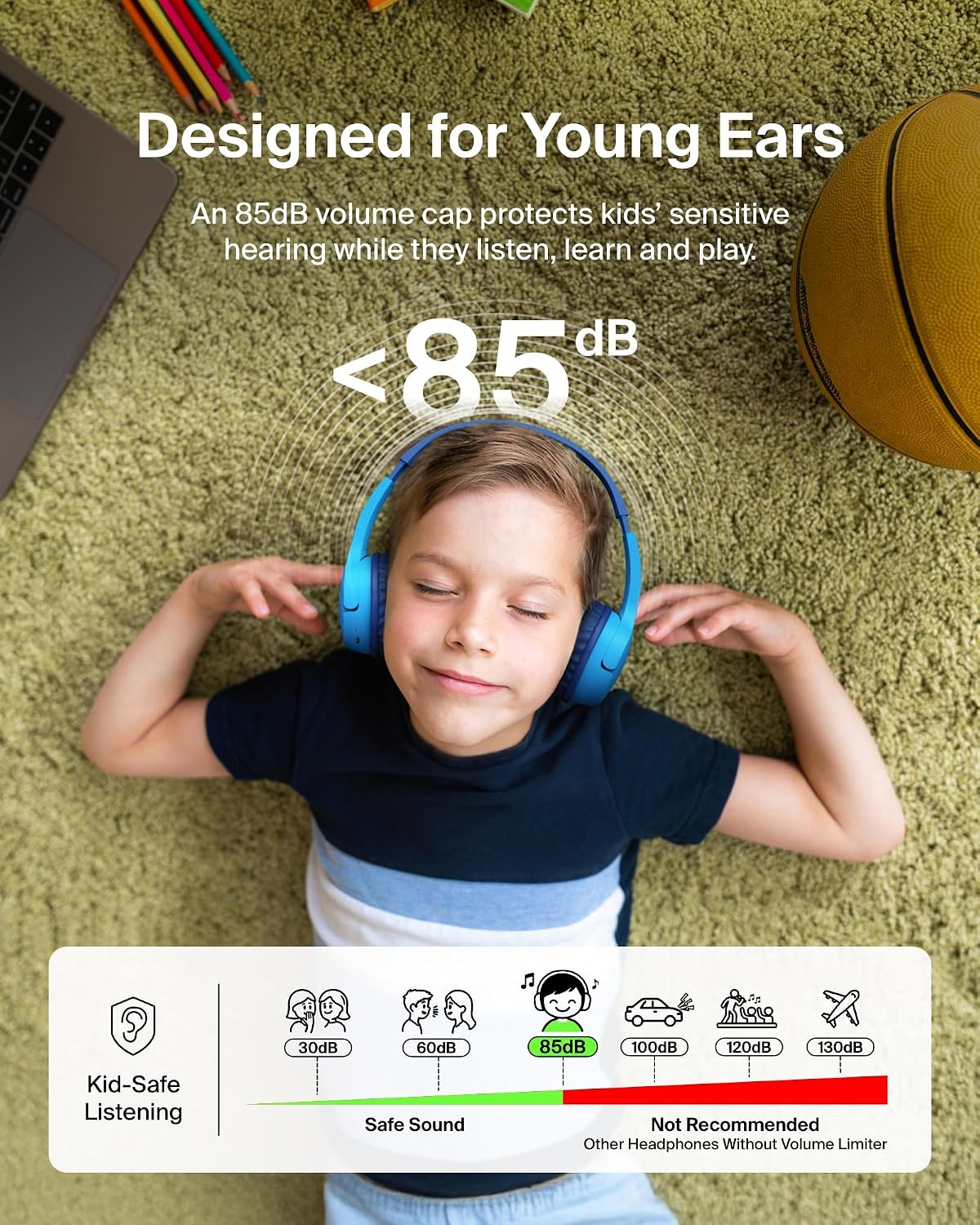 Detalle 2 de Belkin SoundForm Mini Kids Wireless Bluetooth Headphones (30H Battery, 85dB Safe Volume) with Mic, Blue