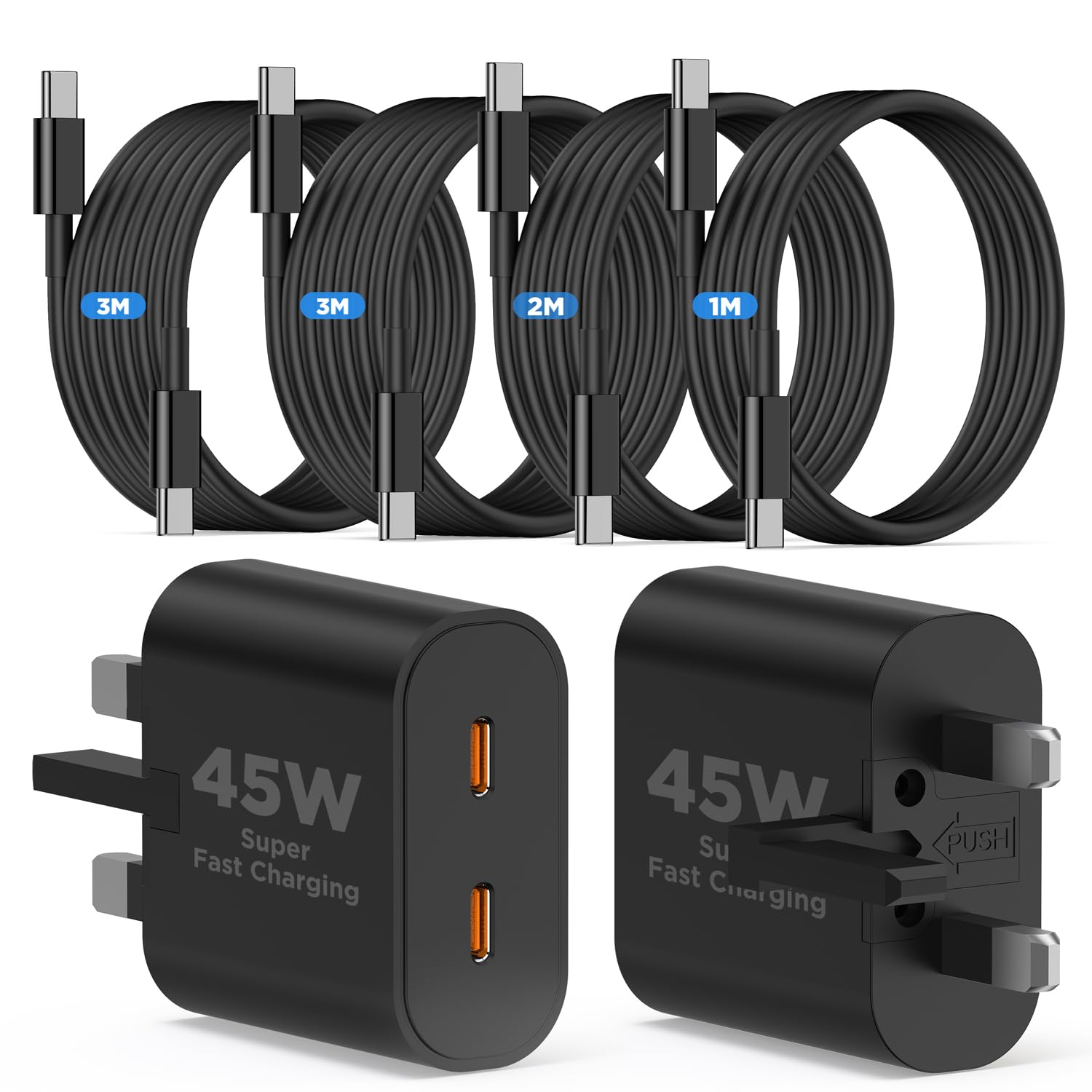 Detalle de QZIIW 60W USB-C Charger Kit with 45W Block and Dual UK Plug + 60W USB-C Cables (1m/2m/3m variants) – Ideal for Samsung and iPhone