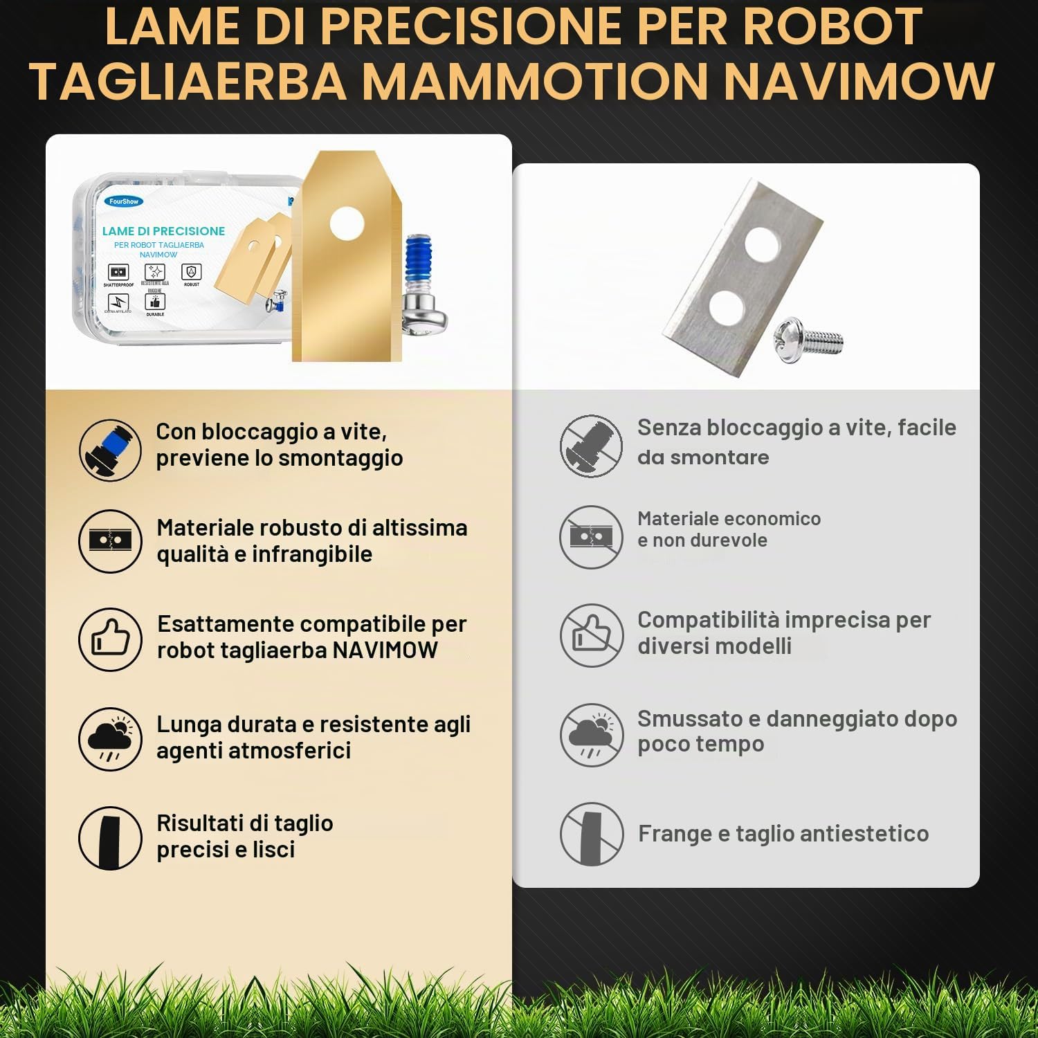 Detalle de 36 lame di ricambio compatibili Navimow: lama in acciaio inox con titanio e viti zincate