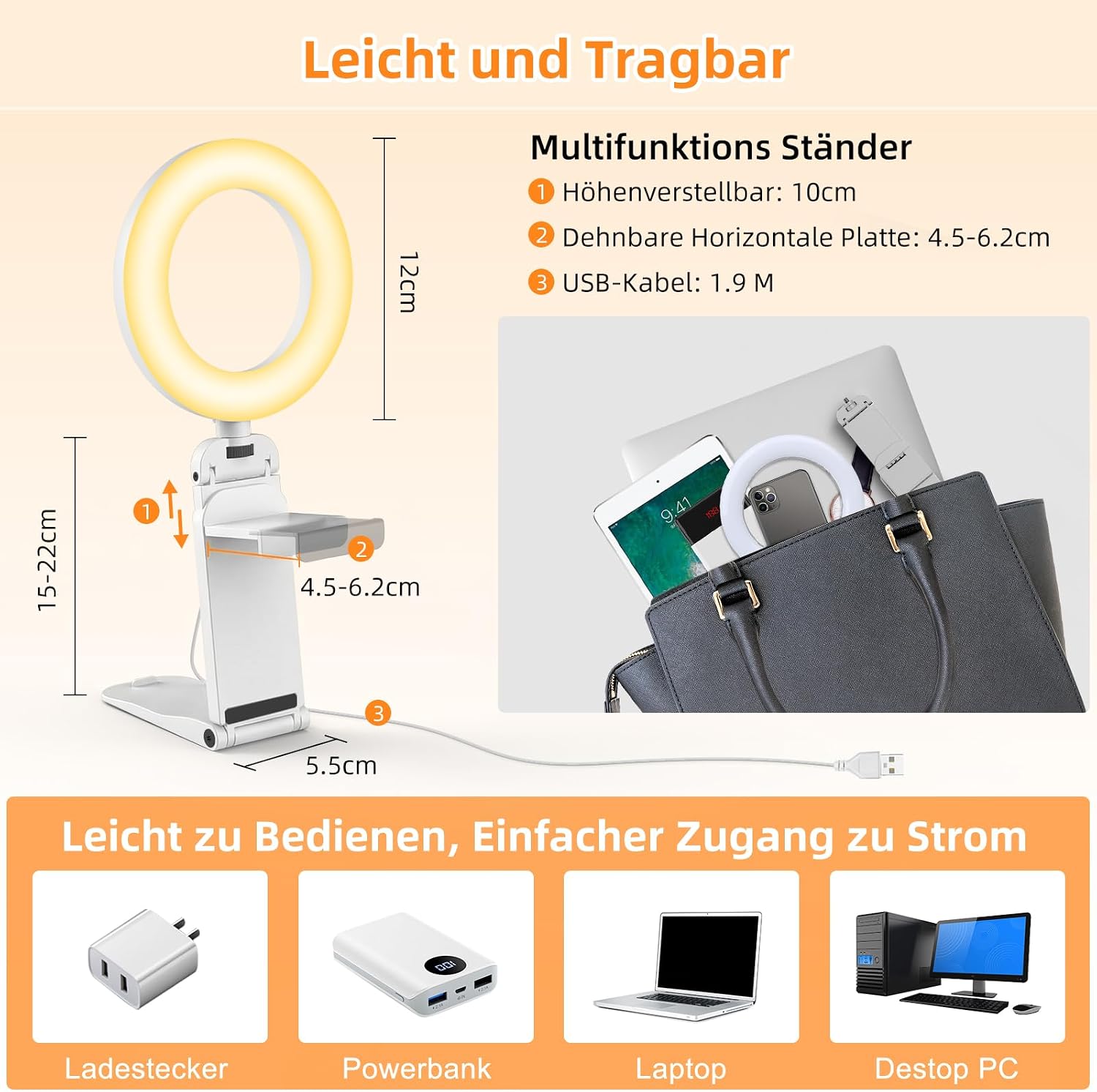 Thumbnail 5 de Evershop 5'' LED-Ringlicht mit Stativ & Handyhalter – 3 Lichtfarben, 10 Helligkeitsstufen, 360° drehbar