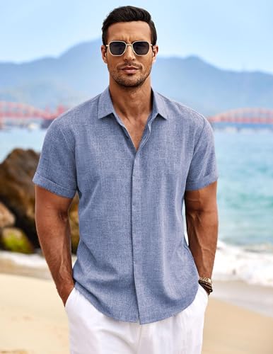 Detalle 2 de COOFANDY Leinenhemd Herren Sommer – Freizeithemd Kurzarm, Tiefes Blau, Regular Fit, Bügelfrei
