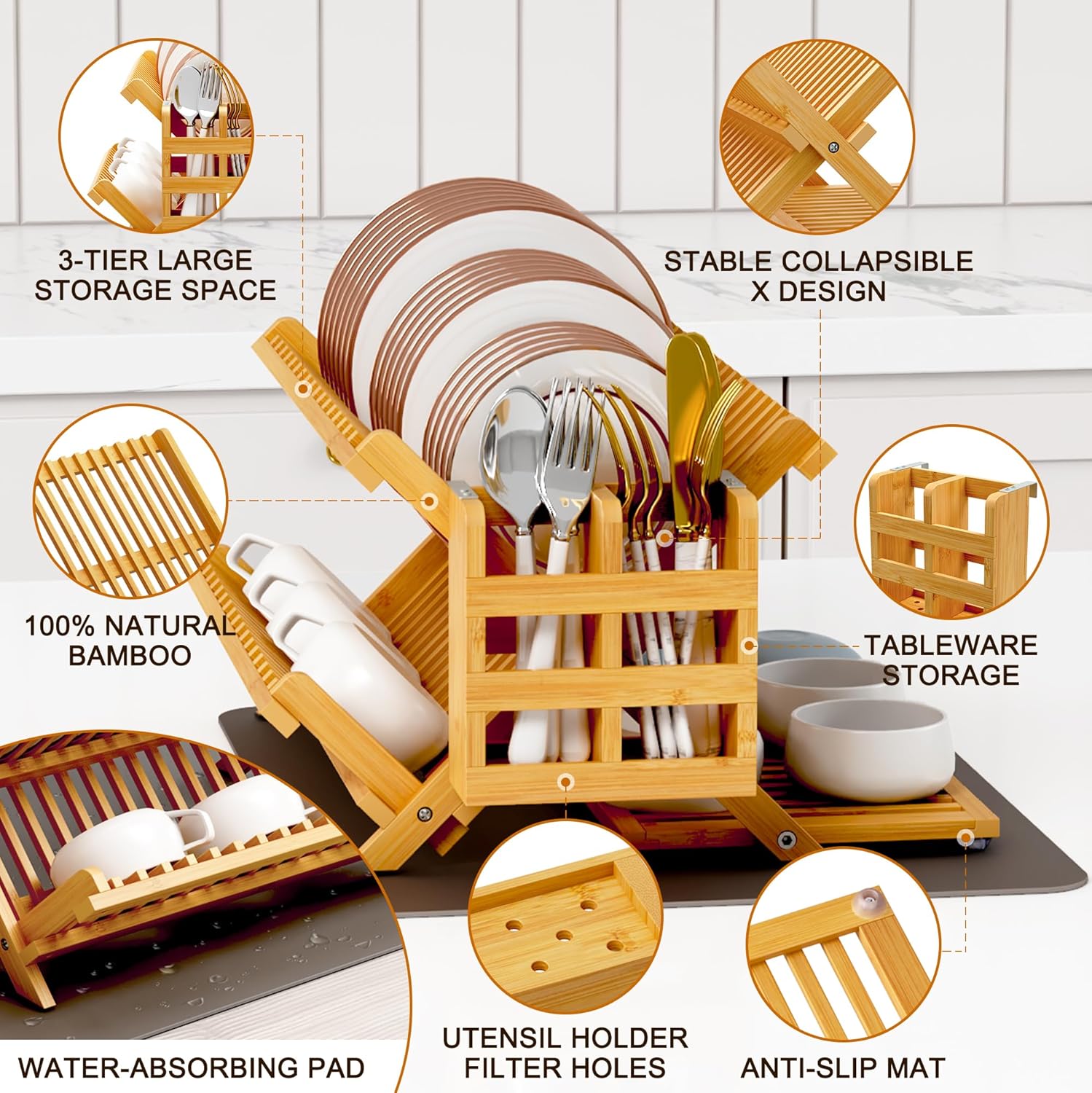 Thumbnail 4 de Greenual Bamboo Dish Drying Rack with Utensil Holder, 3-Tier Collapsible Counter Drying Station