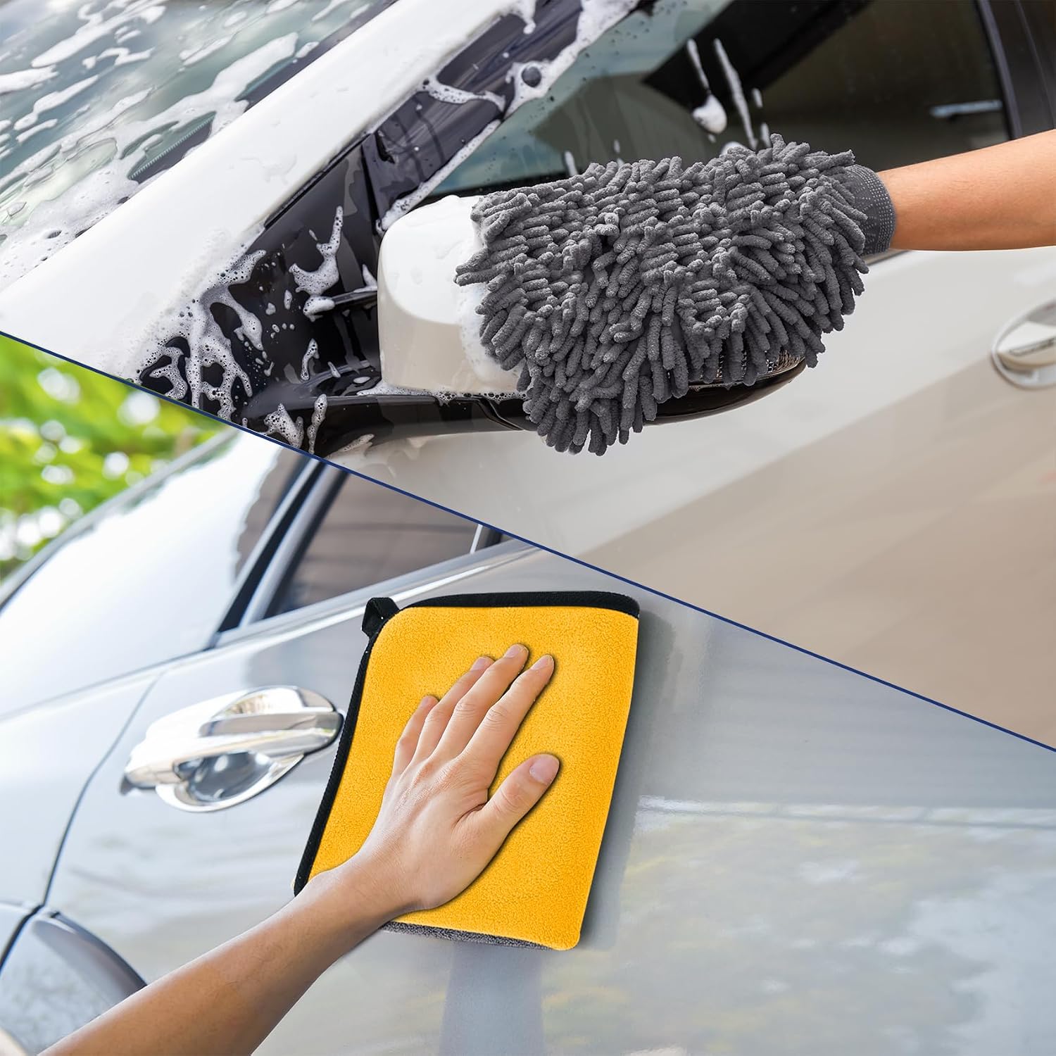 Detalle de KALBIGRO 5-delige autoverzorgingsset met 3 microvezeldoeken en 2 washandschoenen