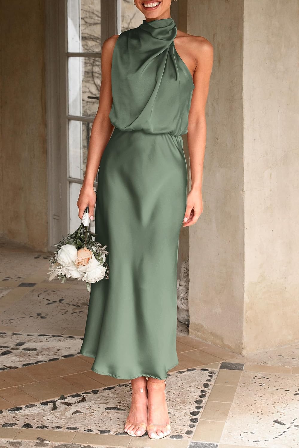 Detalle de PRETTYGARDEN Women’s Satin Mock Neck Sleeveless Maxi Dress (Summer & Cocktail)