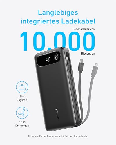 Detalle de Anker Powerbank 20000mAh 87W Max mit integriertem USB-C Kabel – 3-Geräte-Ladung