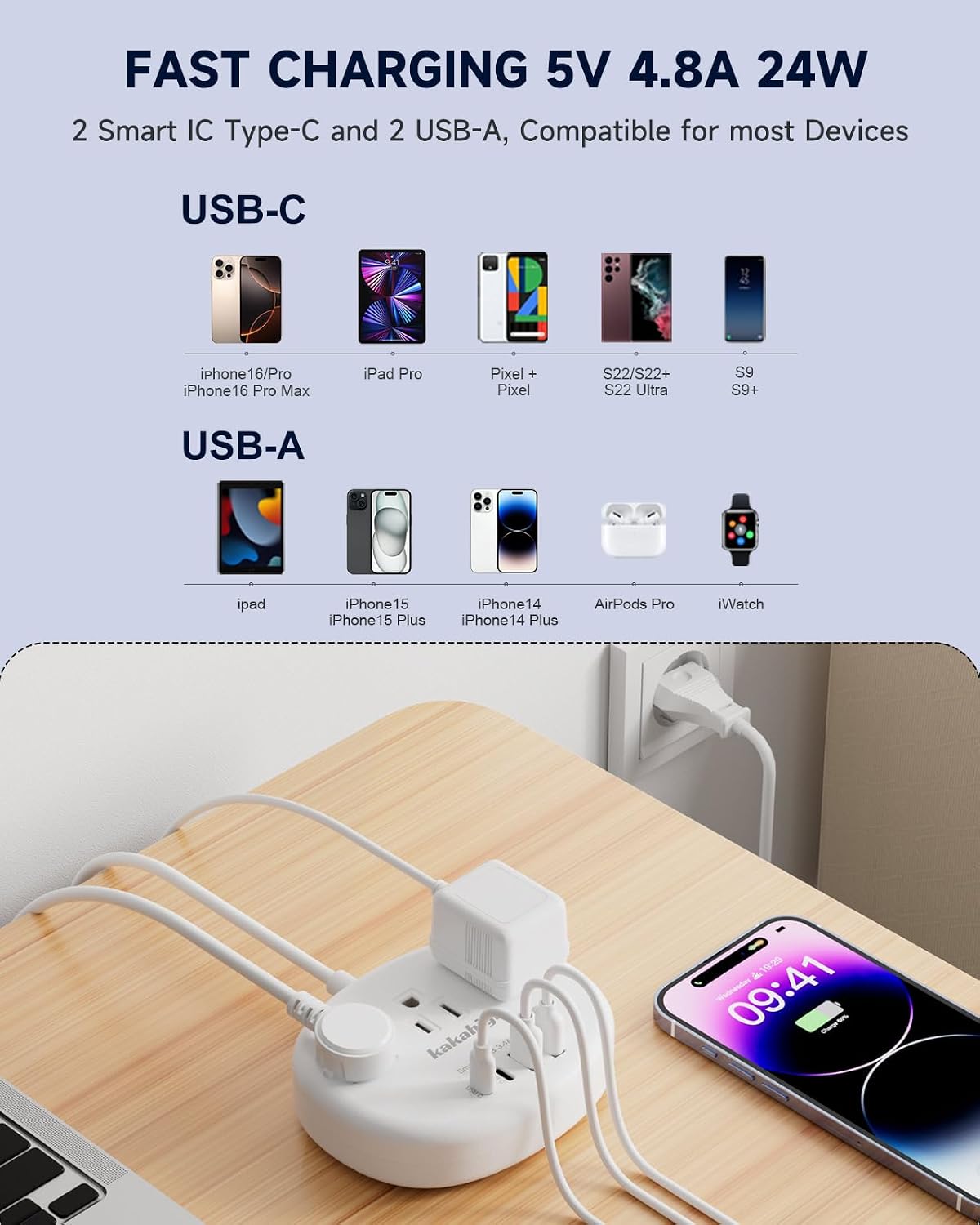 Thumbnail 6 de kakahigh European Travel Plug Adapter with 3ft Extension Cord, 3 Outlets & 4 USB Ports