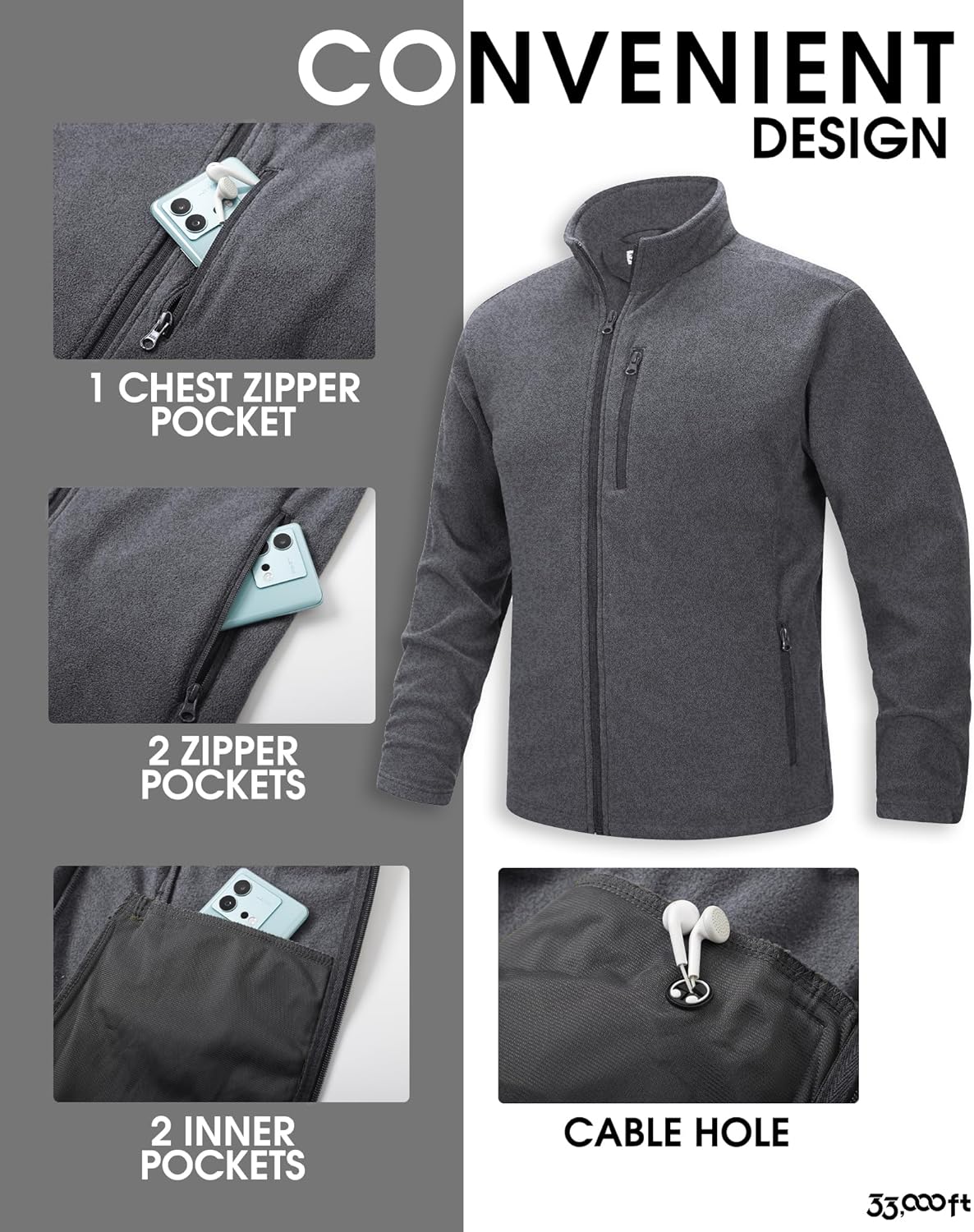 Thumbnail 3 de 33,000ft Men's Lightweight Fleece Jacket – Full Zip, Multi-Pocket Outdoor Wear