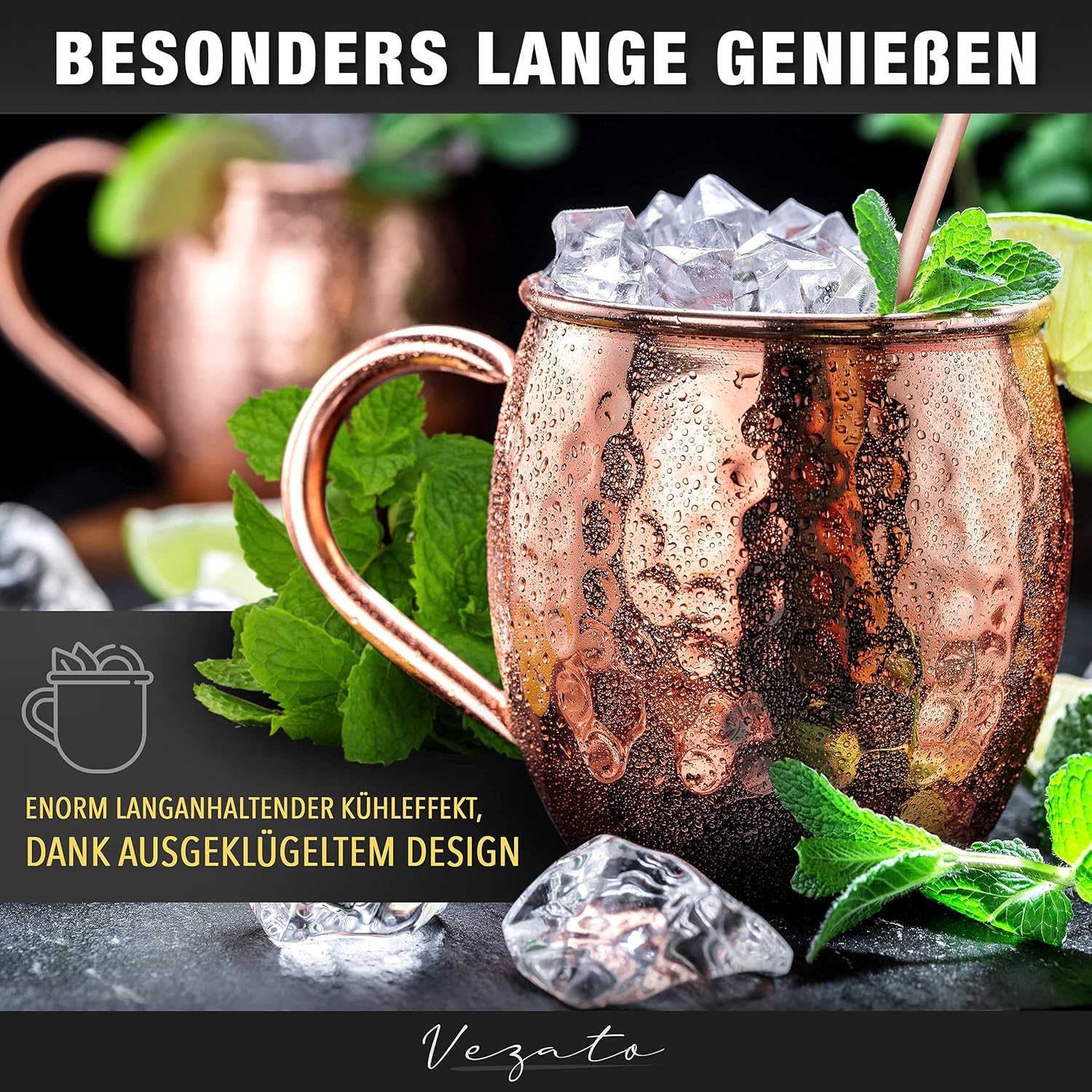 Detalle de Vezato Moscow-Mule-Becher 500 ml – gehämmert, rostfreier Edelstahl mit Kupferbeschichtung, 4er Set inkl. Strohhalmen