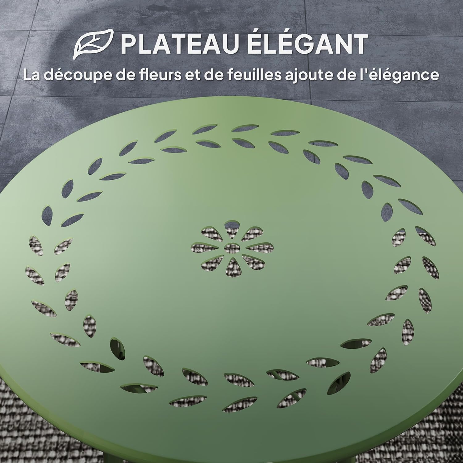 Detalle de Outsunny Petite table d’appoint ronde en acier vert avec décor fleur et feuilles